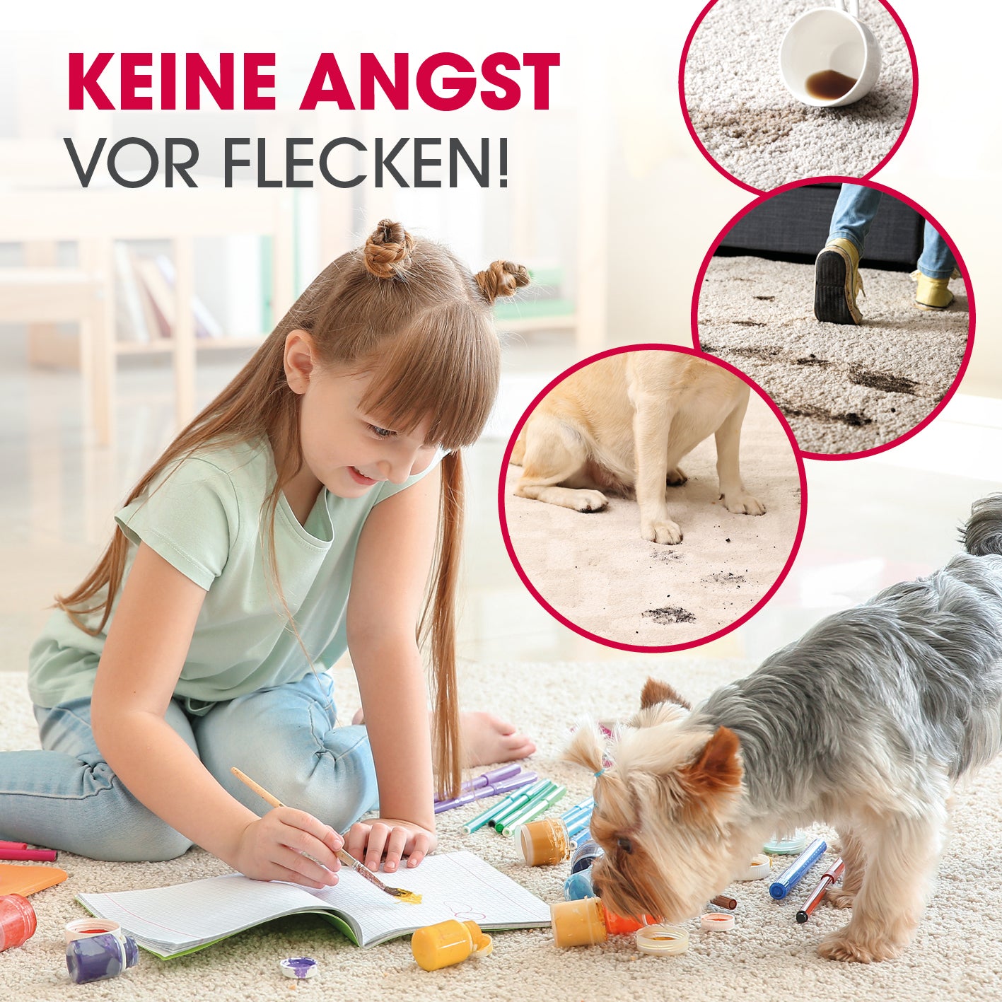 Kind spielt auf Teppich neben kleinem Hund mit Flecken, beworben mit Teppichreiniger AquaStream Plus gegen Verschmutzungen.