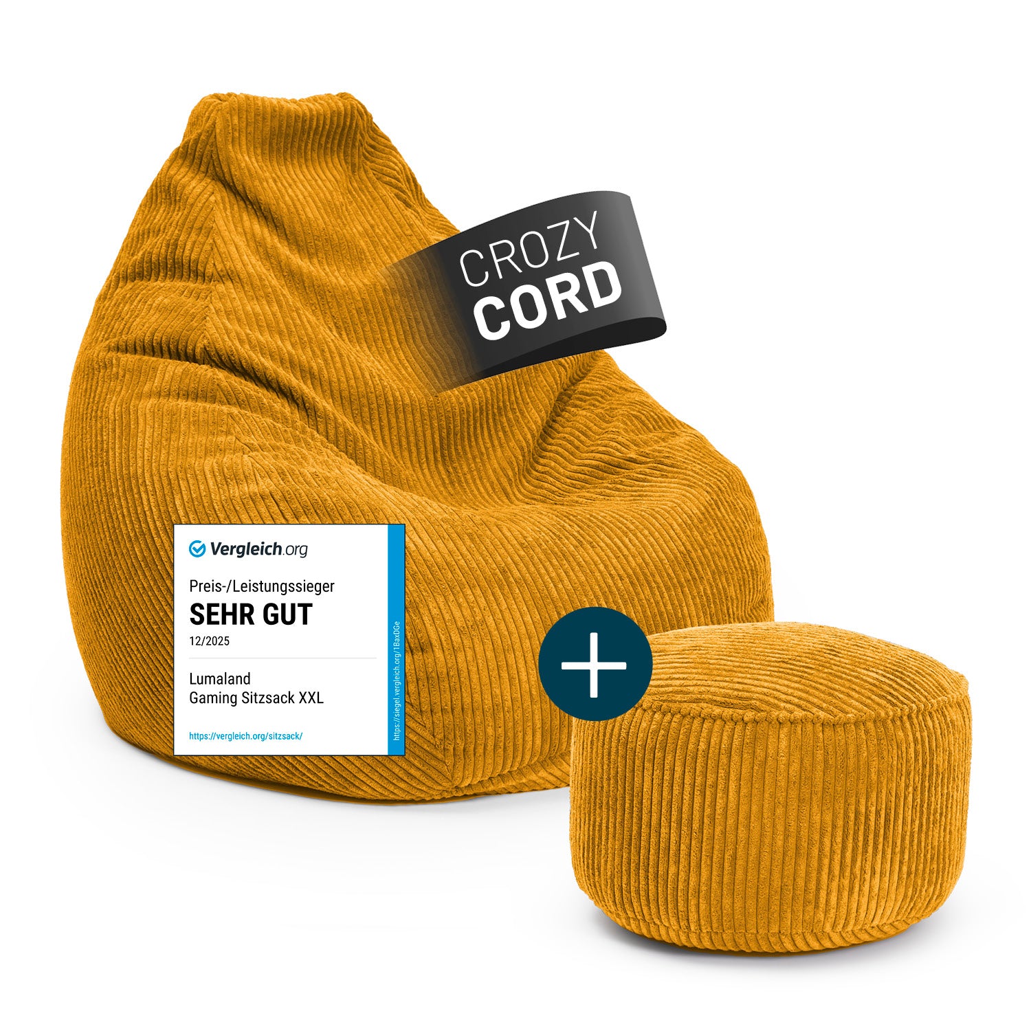 Relax-Set Cord – Sitzsack GIANT (400 L) + Pouf (50 L) - Senfgelb