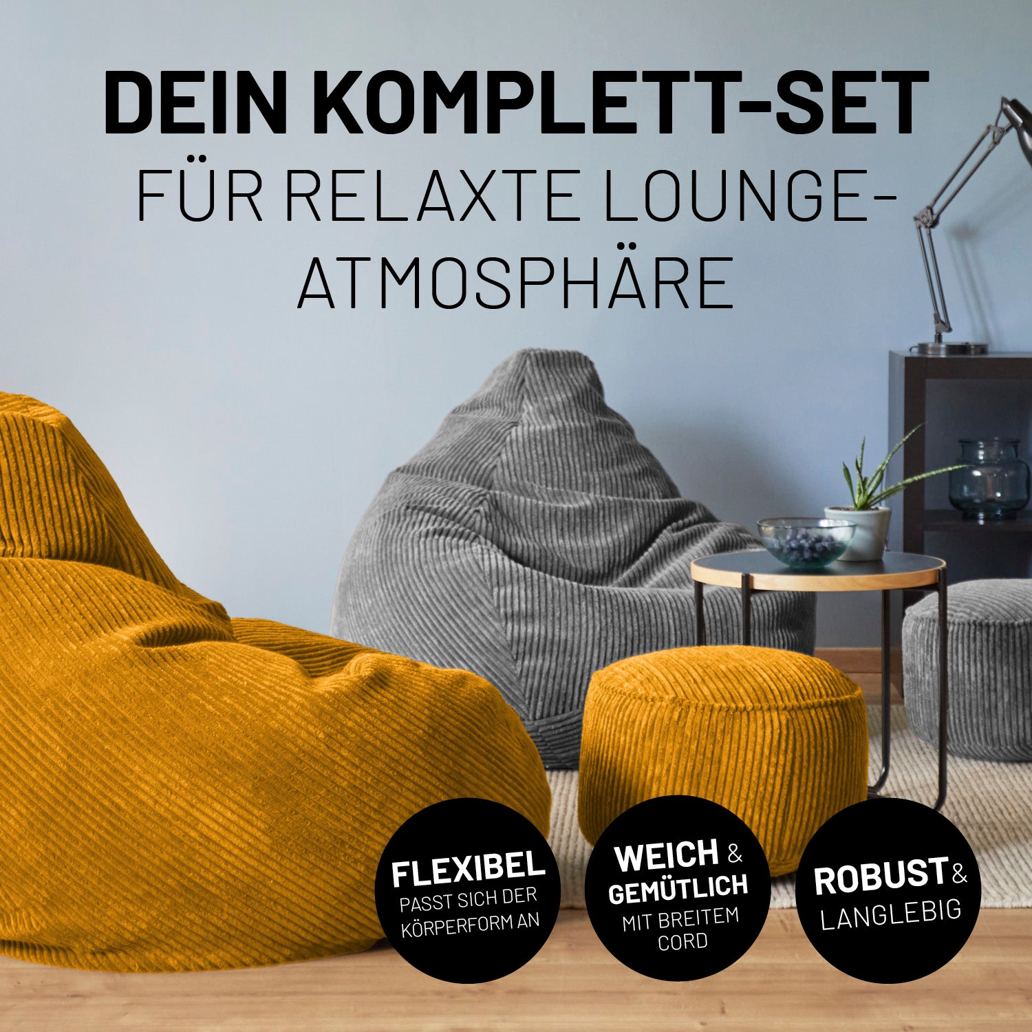 Relax-Set Cord – Sitzsack GIANT (400 L) + Pouf (50 L) - Senfgelb