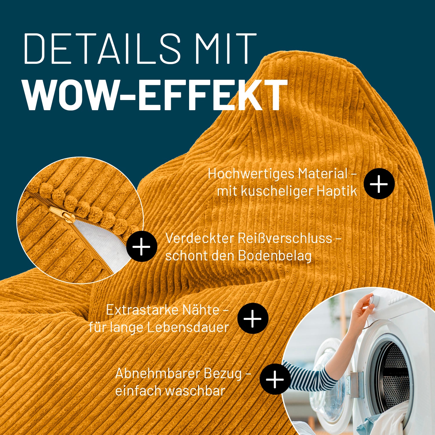 Relax-Set Cord – Sitzsack GIANT (400 L) + Pouf (50 L) - Senfgelb
