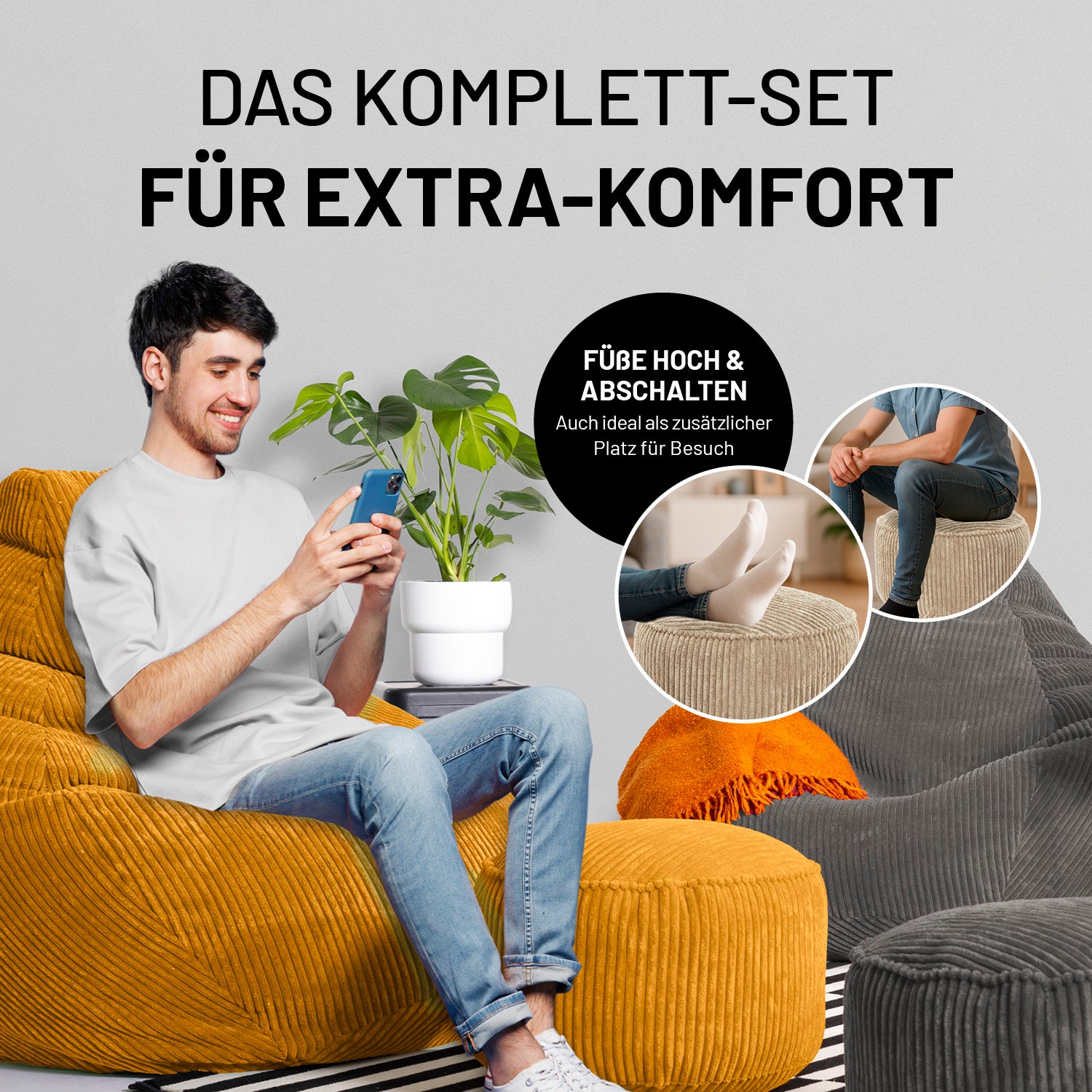 Relax-Set Cord – Sitzsack GIANT (400 L) + Pouf (50 L) - Senfgelb