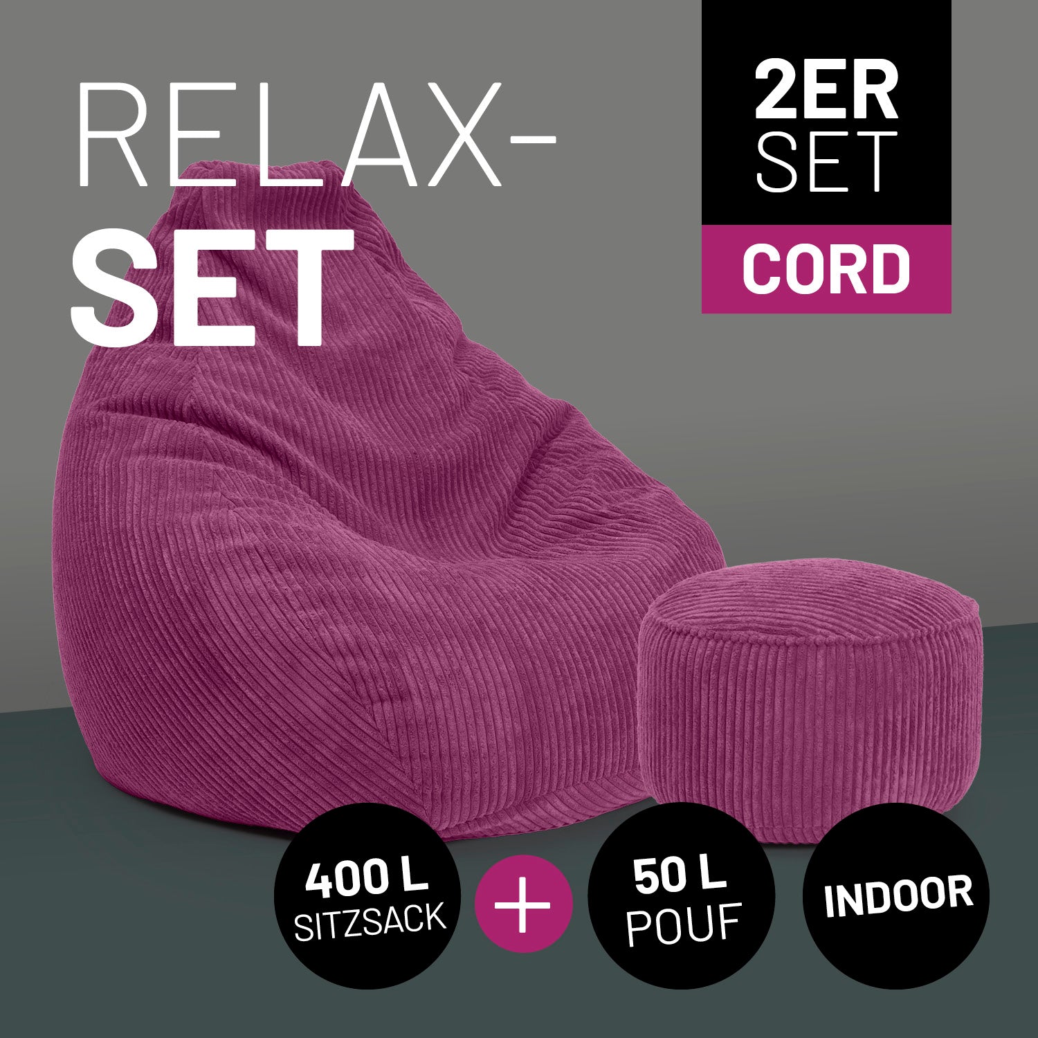 Relax-Set Cord – Sitzsack GIANT + Pouf – 400 + 50 Liter – Weinrot