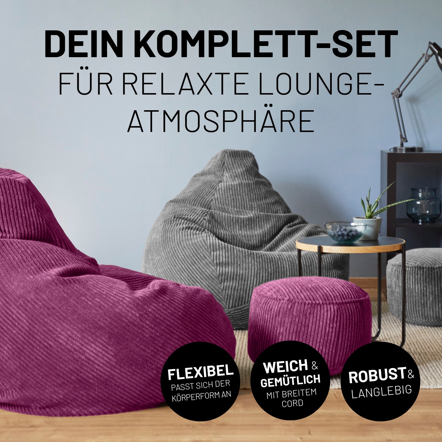 Relax-Set Cord – Sitzsack GIANT + Pouf – 400 + 50 Liter – Weinrot