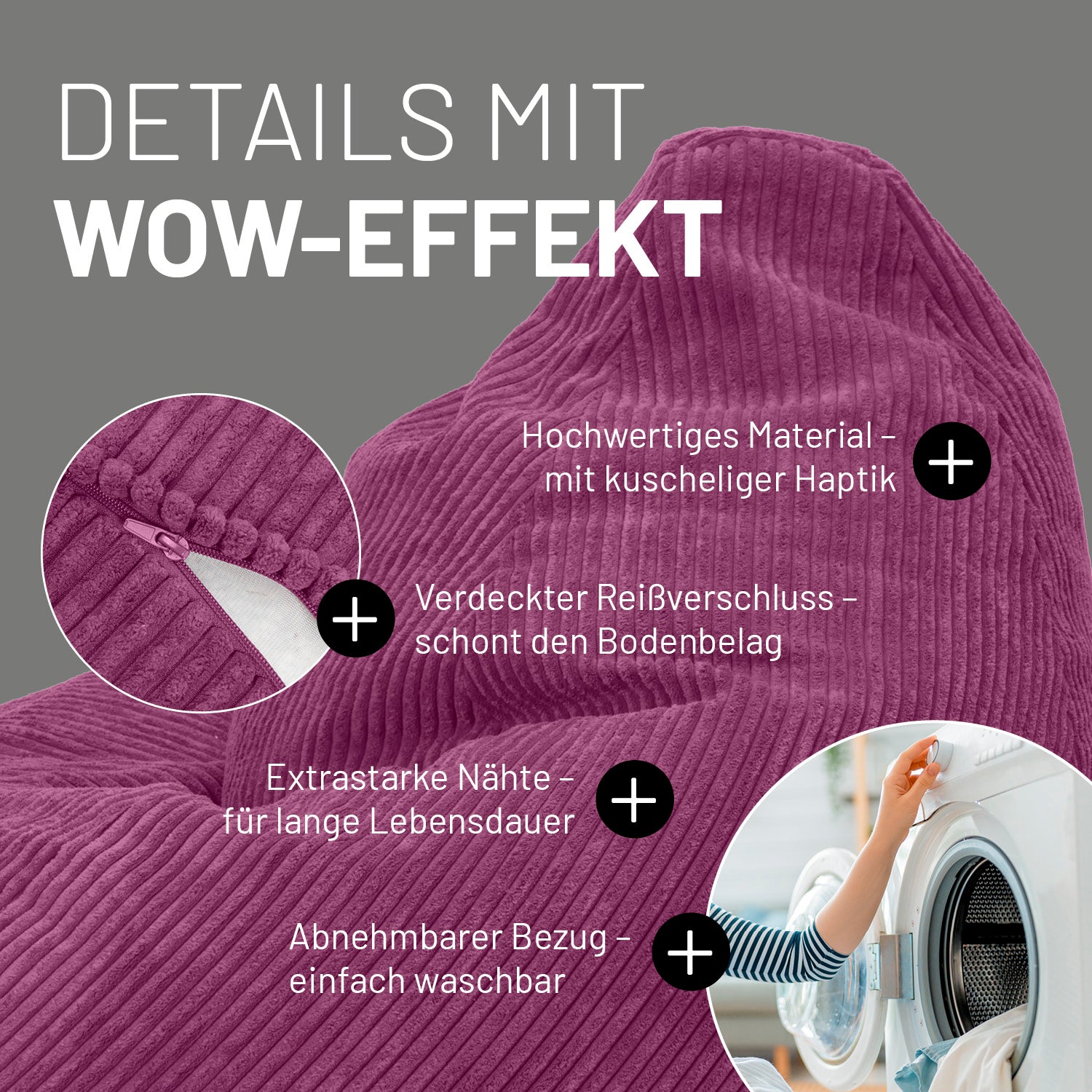 Relax-Set Cord – Sitzsack GIANT + Pouf – 400 + 50 Liter – Weinrot