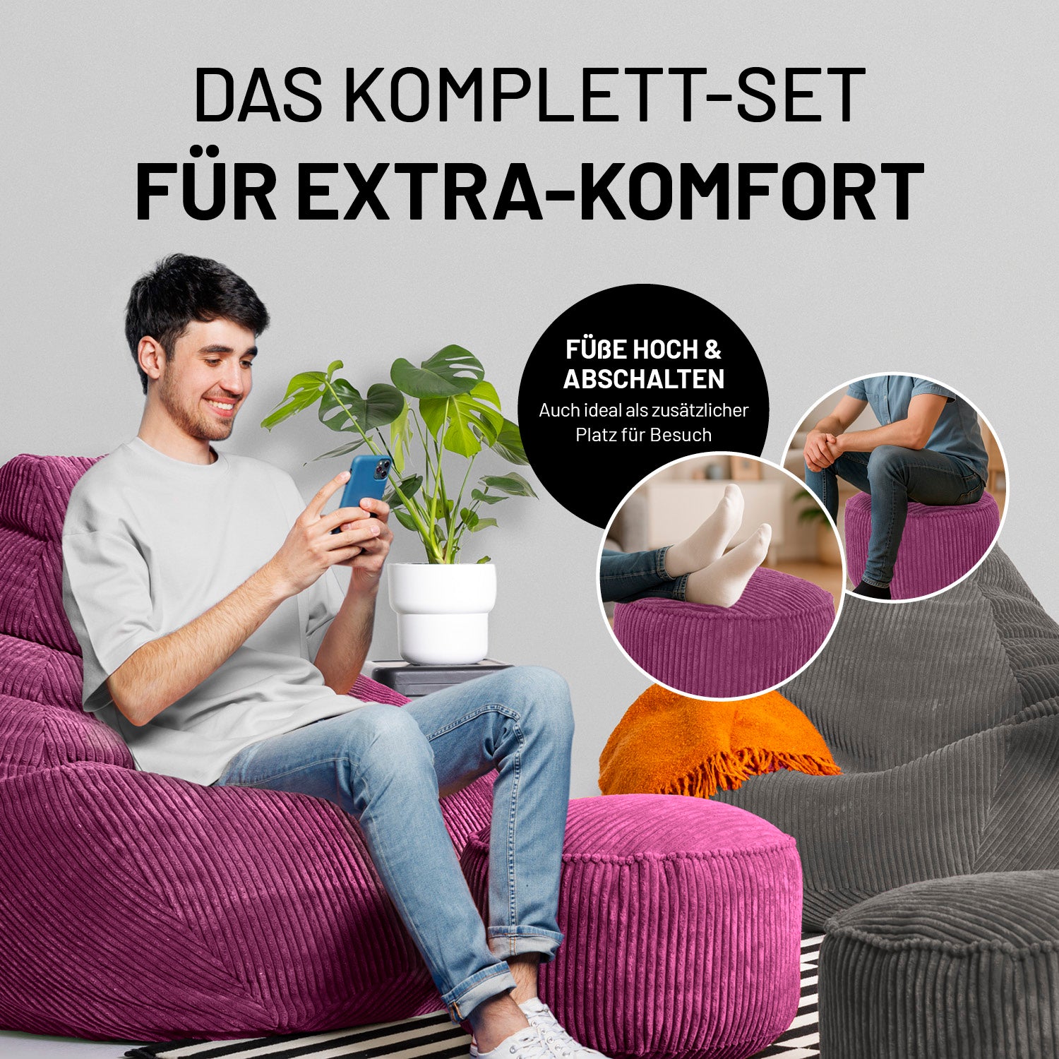 Relax-Set Cord – Sitzsack GIANT + Pouf – 400 + 50 Liter – Weinrot
