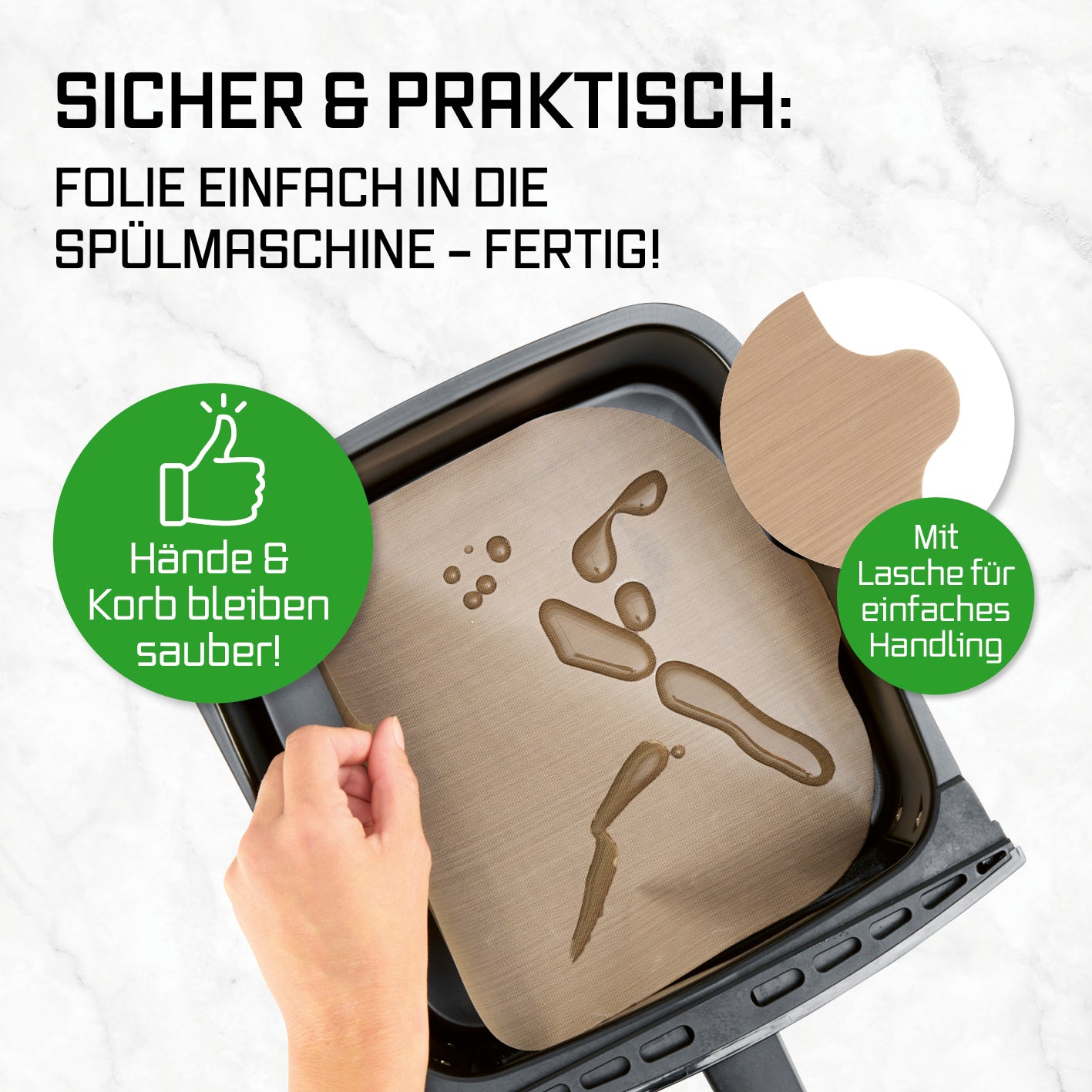 Dauerbackfolien-Set für Heißluftfritteusen – quadratisch mit Lasche, schützt vor Schmutz, spülmaschinenfest und leicht zu handhaben.