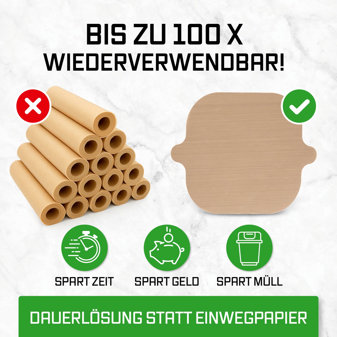 Dauerbackfolien-Set für Heißluftfritteusen – quadratisch als nachhaltige Alternative zu Einwegpapier, bis zu 100-mal wiederverwendbar.