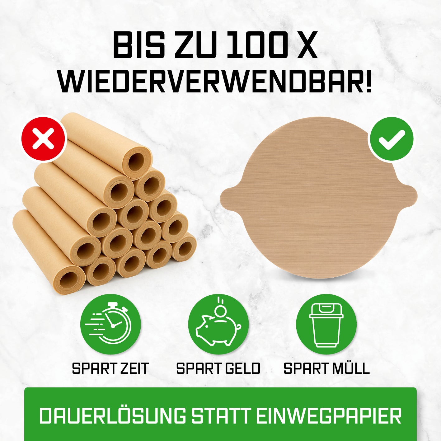 Dauerbackfolien-Set für Heißluftfritteusen – rund (25,5 cm), bis zu 100x wiederverwendbare nachhaltige Backfolie mit Laschen.