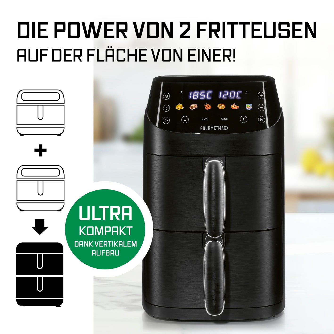 FryUp XS Vertikale Doppelkammer-Heißluftfritteuse - 5 Liter (2 x 2,5 l)