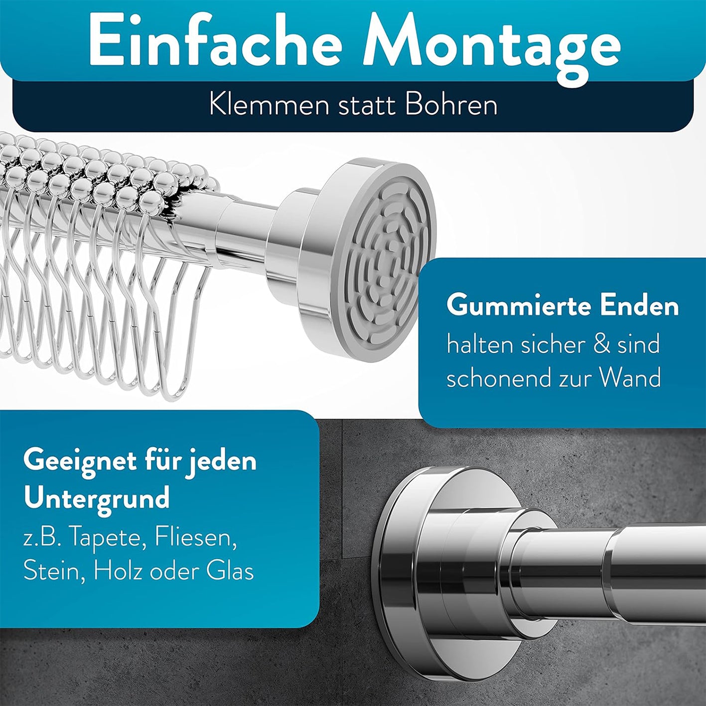 Duschvorhangstange - 115-215 cm mit einfacher Montage, gummierten Enden, ideal für verschiedene Untergründe, Galerieposition 4, quadratisch.