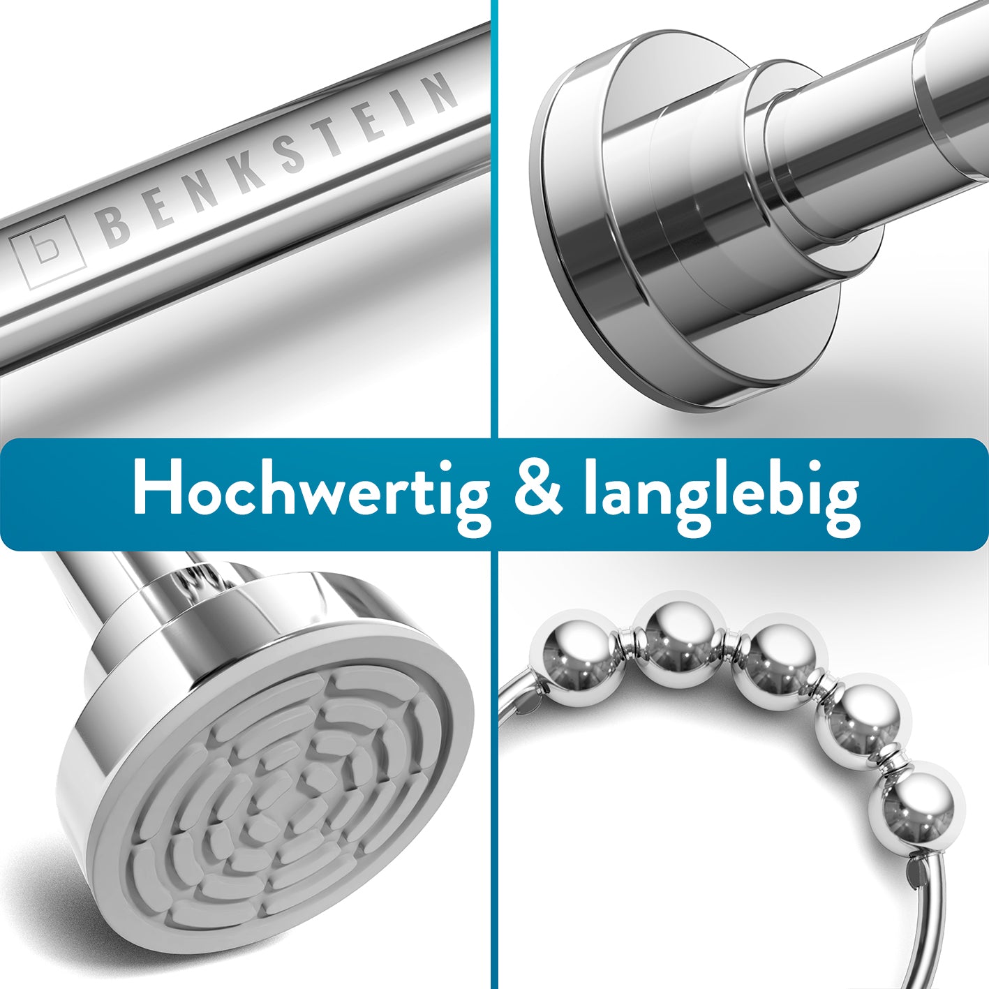 Duschvorhangstange - 115-215 cm Nahaufnahmen von hochwertigem Material und Montage ohne Werkzeug, Galerieposition 5 quadratisch.