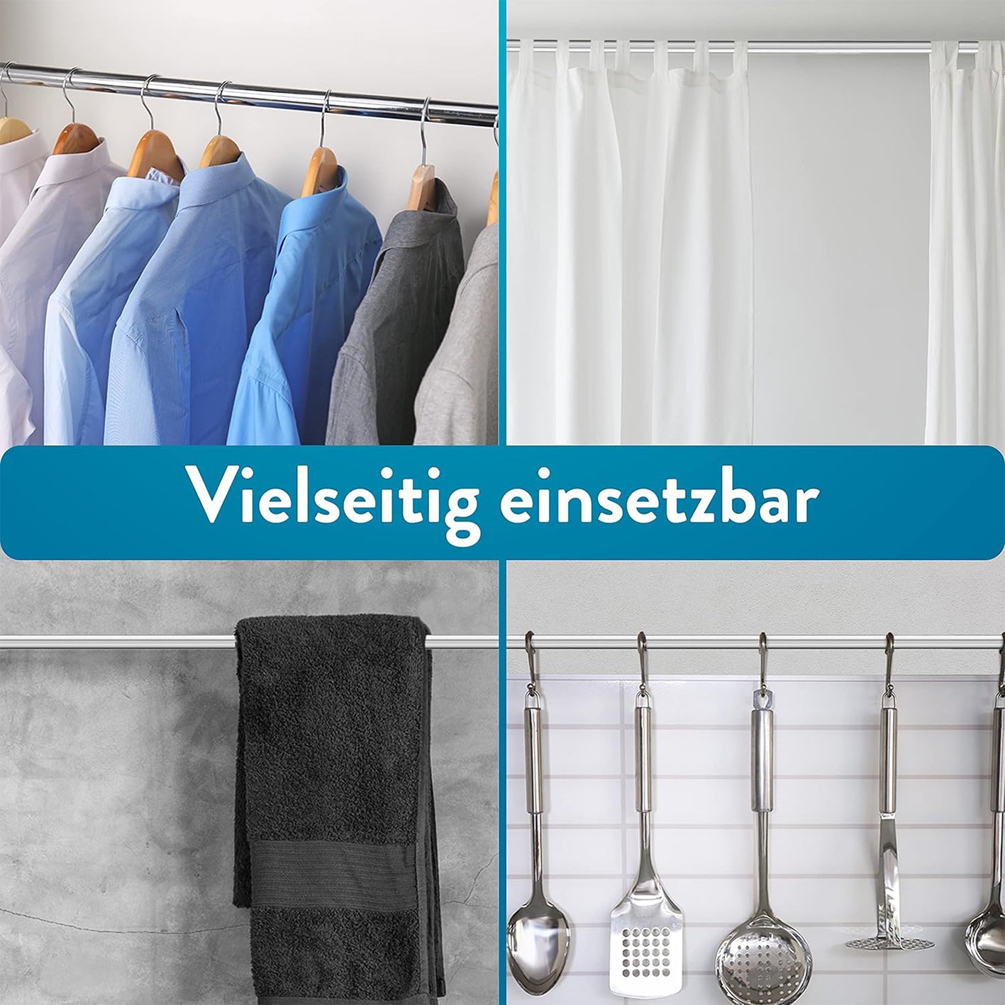 Duschvorhangstange - 115-215 cm zeigt vielseitige Nutzung als Kleiderstange, Vorhangstange, Handtuchhalter und Küchenutensilienhalter.