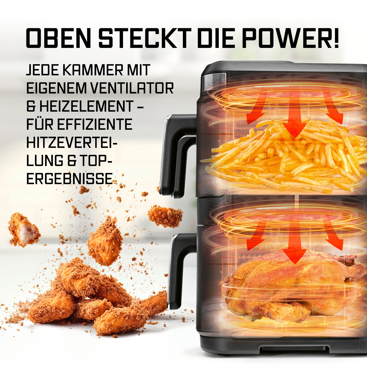 FryUp3 Vertikale 3-Kammer-Heißluftfritteuse - 17 Liter (2 x 4 + 1 x 9 l)