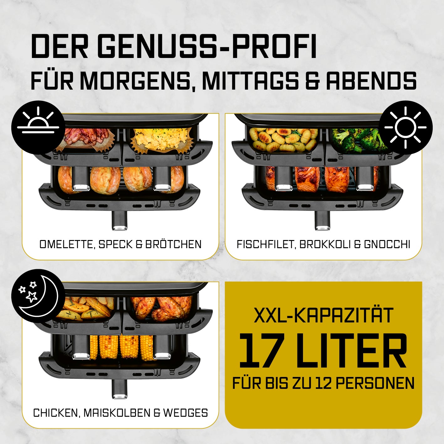 FryUp3 Vertikale 3-Kammer-Heißluftfritteuse - 17 Liter (2 x 4 + 1 x 9 l)