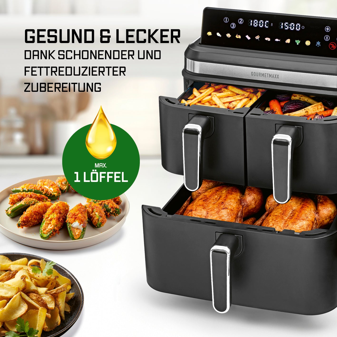 FryUp3 Vertikale 3-Kammer-Heißluftfritteuse - 17 Liter (2 x 4 + 1 x 9 l)