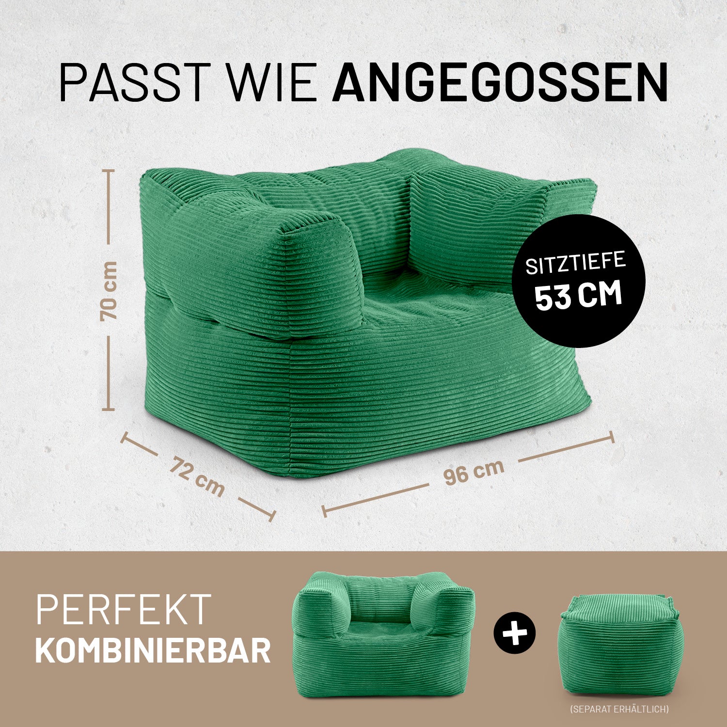 Modularer Sessel aus der LUMALAND Cord-Reihe - 400 L - 96 x 72 x 70 cm - Dunkelgrün mit Sitztiefe 53 cm und Kombinationsmöglichkeit