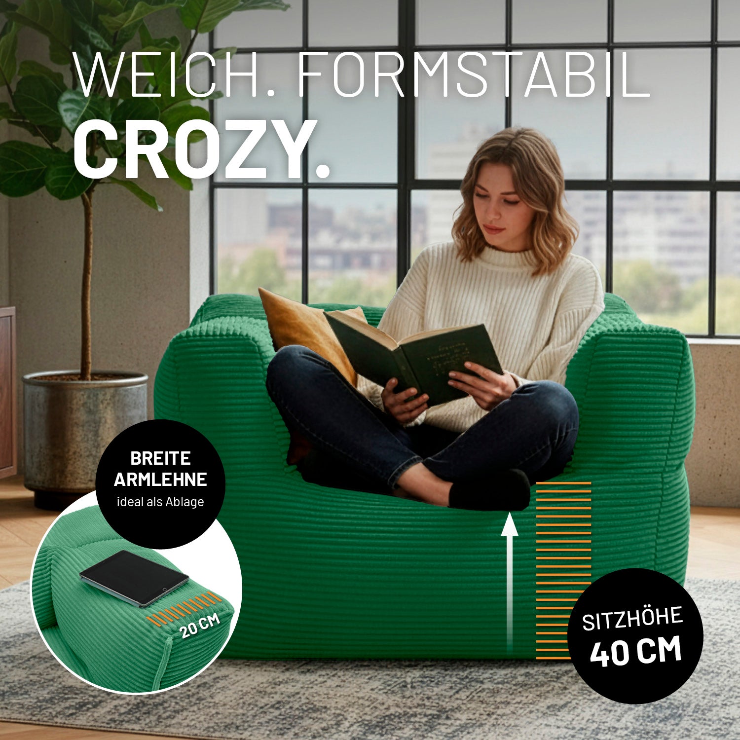 Modularer Sessel aus der LUMALAND Cord-Reihe - 400 L - 96 x 72 x 70 cm - Dunkelgrün mit breiter Armlehne und Sitzhöhe 40 cm