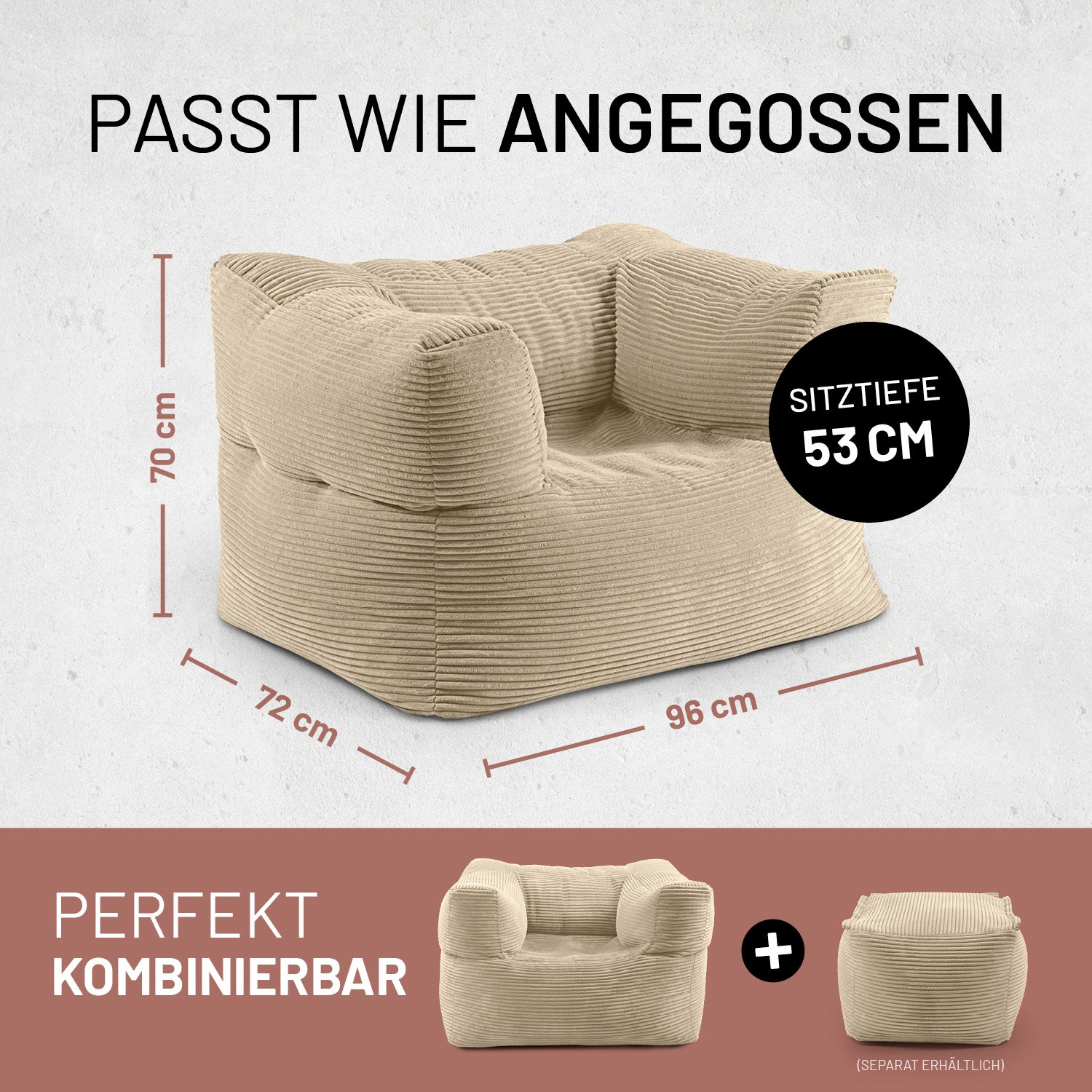 Modularer Sessel aus der LUMALAND Cord-Reihe - 400 L - 96 x 72 x 70 cm - Beige mit 53 cm Sitztiefe und weichem Kuschel-Cord-Bezug.