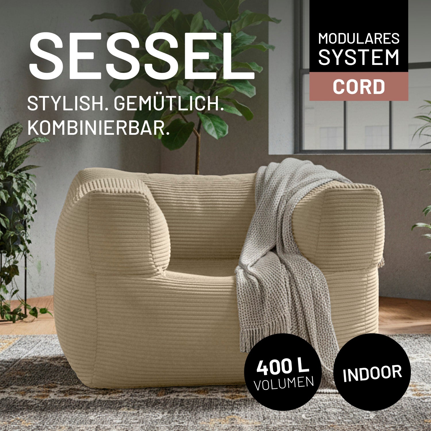 Modularer Sessel aus der LUMALAND Cord-Reihe - 400 L - 96 x 72 x 70 cm - Beige in gemütlichem Cordstoff und modernem Design