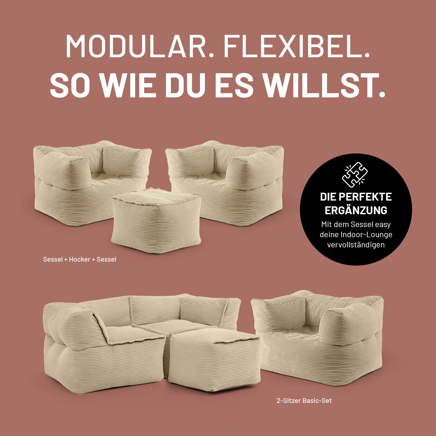 Modularer Sessel aus der LUMALAND Cord-Reihe - 400 L - 96 x 72 x 70 cm - Beige als flexible Lounge-Möbelkombination.