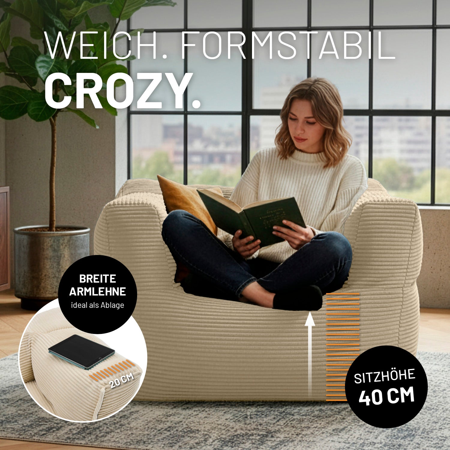 Modularer Sessel aus der LUMALAND Cord-Reihe - 400 L - 96 x 72 x 70 cm - Beige mit breiter Armlehne und 40 cm Sitzhöhe