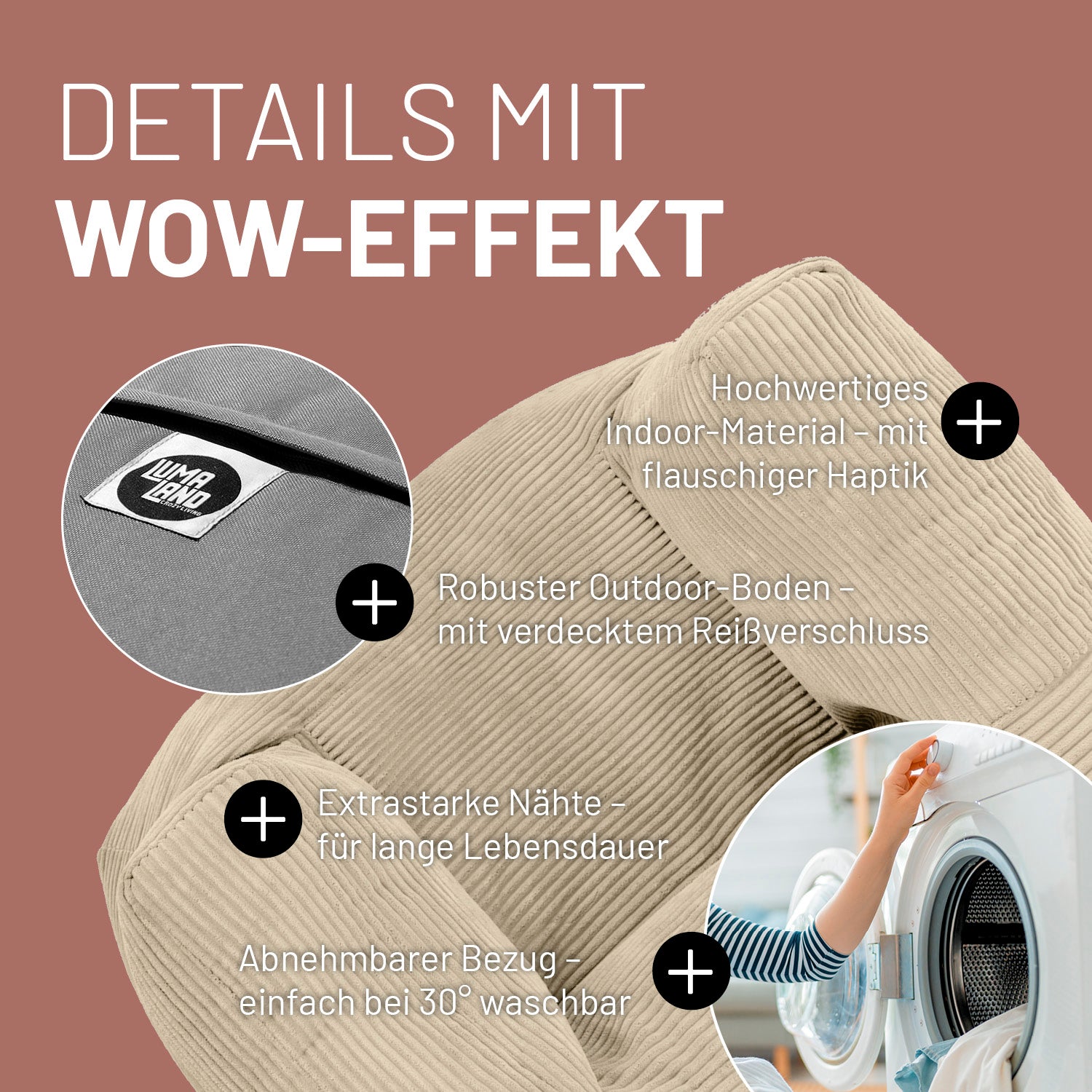 Modularer Sessel aus der LUMALAND Cord-Reihe - 400 L - 96 x 72 x 70 cm - Beige mit hochwertigen Materialien und waschbarem Bezug.