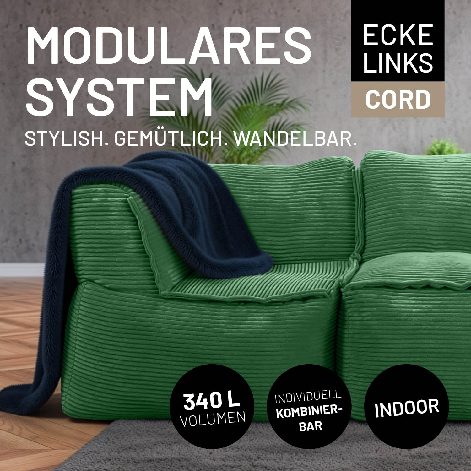 Modulares Eckteil links aus der LUMALAND Cord-Reihe - 340 L - 81 x 81 x 70 cm - Dunkelgrün, modern und gemütlich