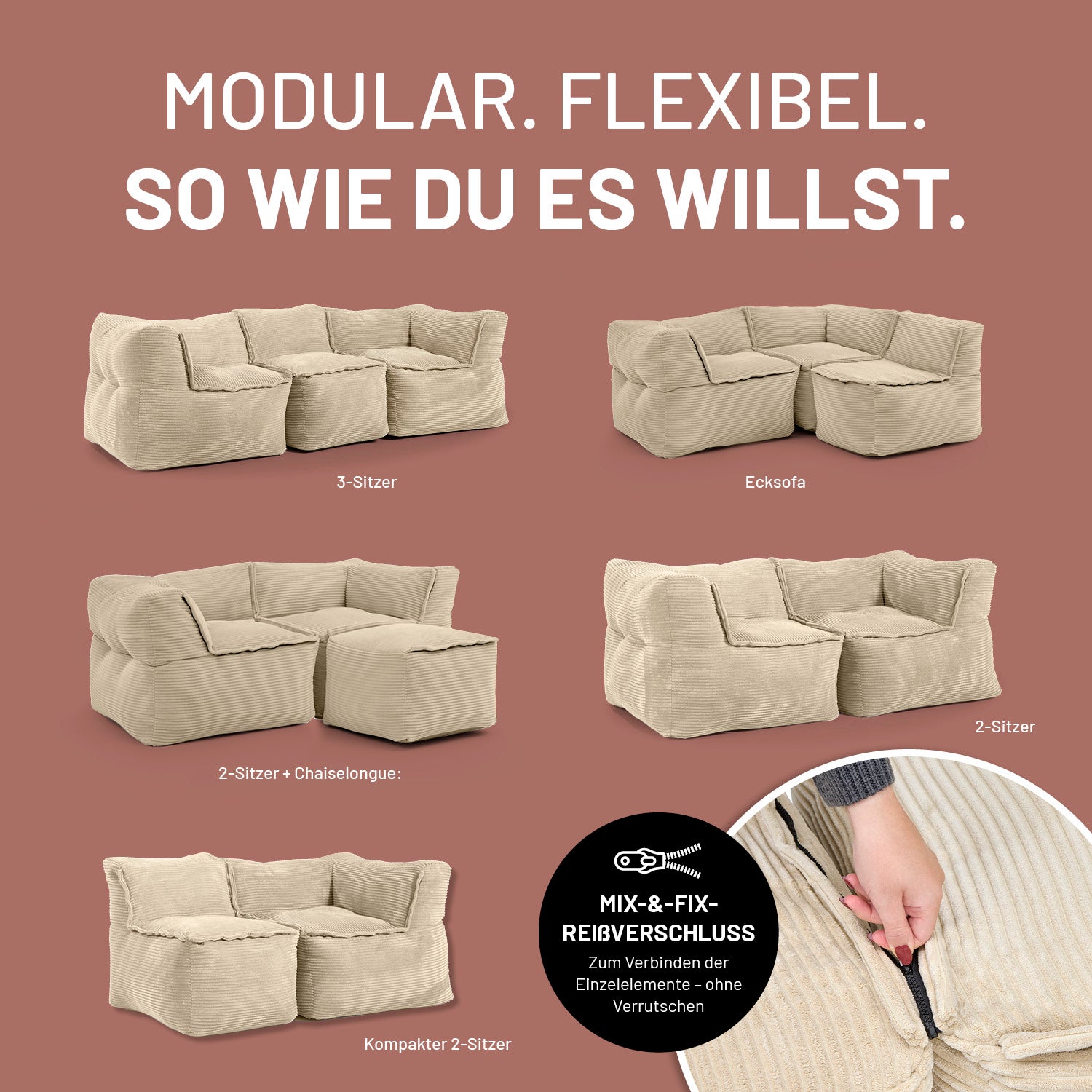 Modulares Eckteil links aus der LUMALAND Cord-Reihe - 340 L - 81 x 81 x 70 cm - Beige als flexible Sofakombination.