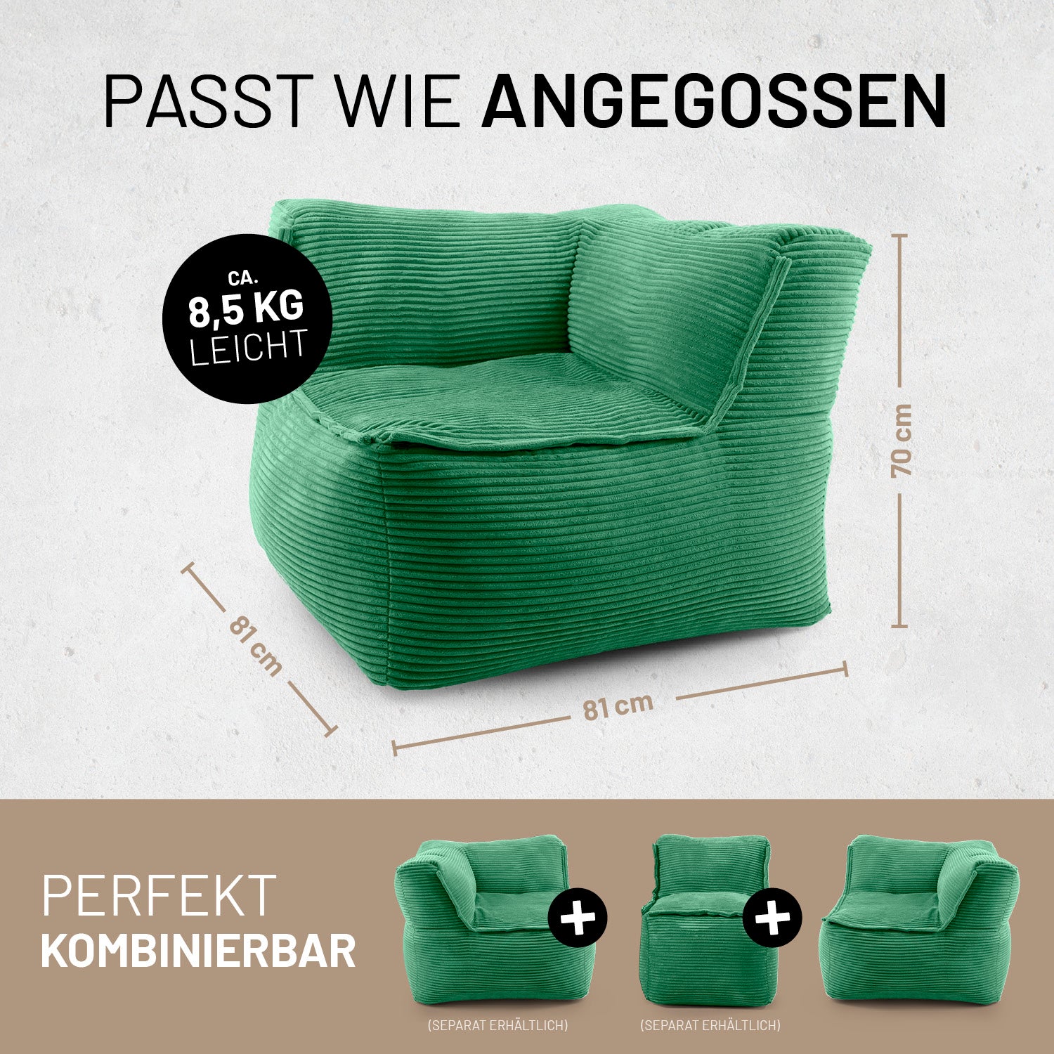 Modulares Eckteil rechts aus der LUMALAND Cord-Reihe - 340 L - 81 x 81 x 70 cm - Dunkelgrün, leichter Sitzsack mit Maßen.