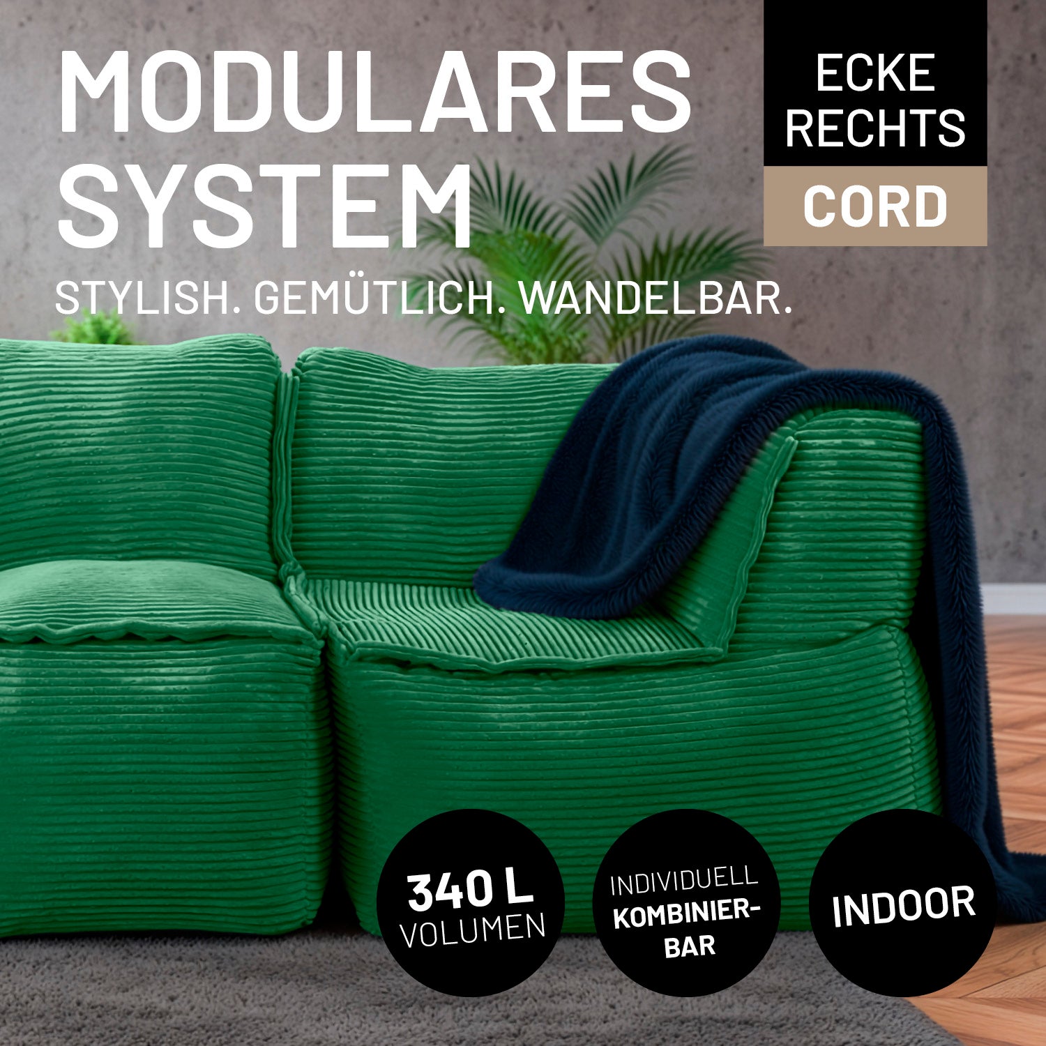Modulares Eckteil rechts aus der LUMALAND Cord-Reihe - 340 L - grüner, bequemer Cord-Sitzsack mit 81x81x70 cm für flexible Wohnräume