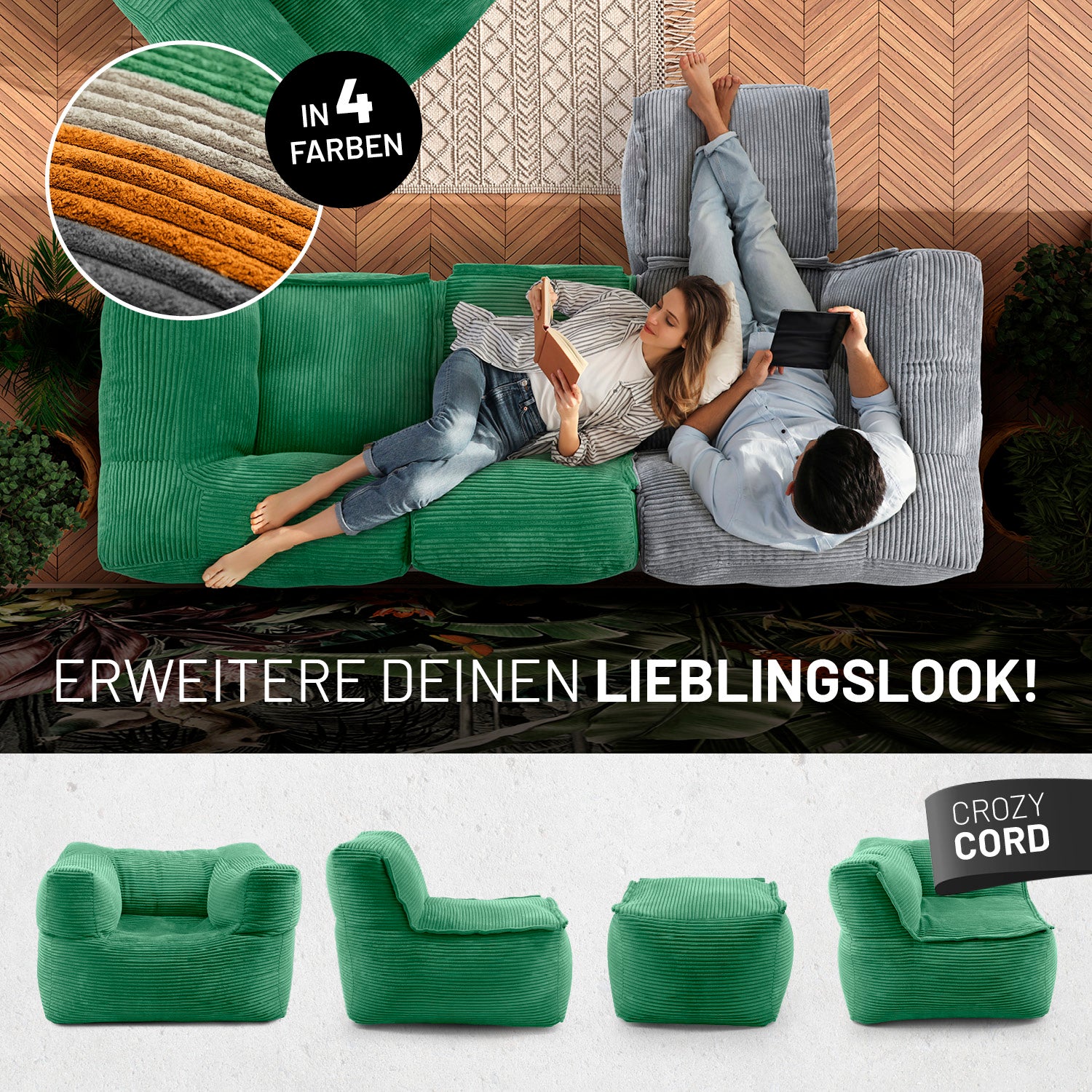 Modulares Eckteil rechts aus der LUMALAND Cord-Reihe - 340 L - 81 x 81 x 70 cm - Dunkelgrün, gemütlich und flexibel kombinierbar