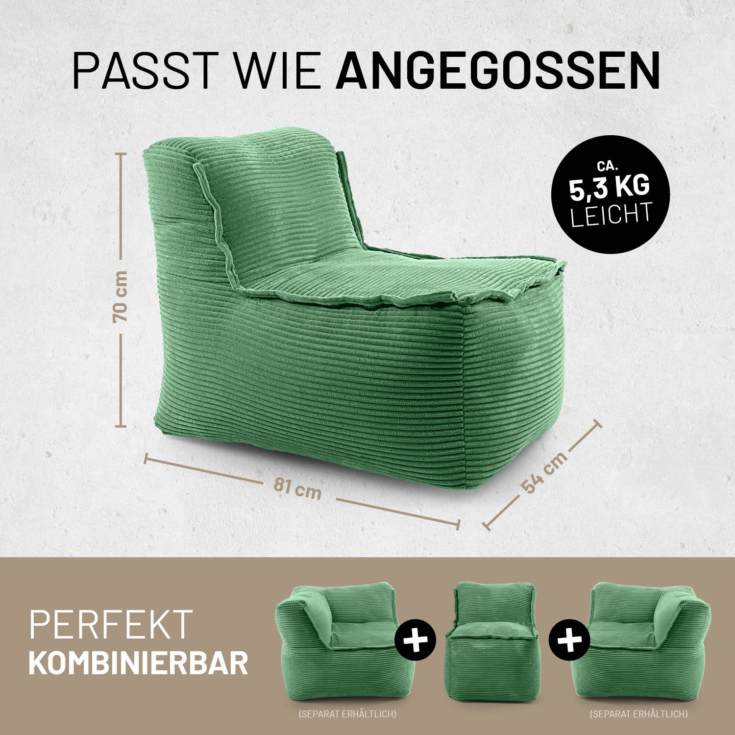 Modulare Mitte aus der LUMALAND Cord-Reihe - 200 L - 81 x 54 x 70 cm - Dunkelgrün, leichter Sitzsack aus Cordstoff