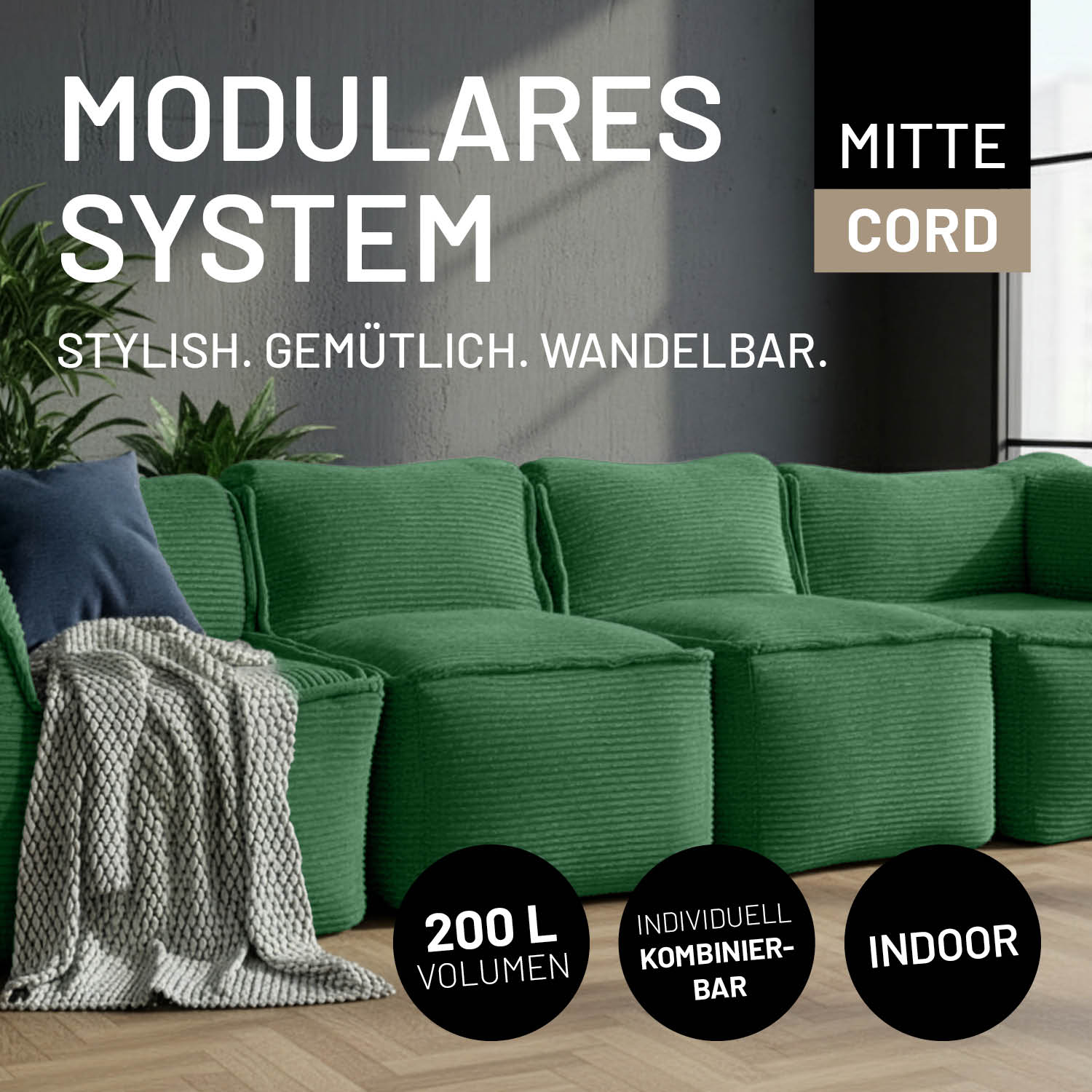 Modulare Mitte aus der LUMALAND Cord-Reihe 200 L dunkelgrüner Sitzsack mit trendigem Kuschel-Cord und 40 cm Sitzhöhe