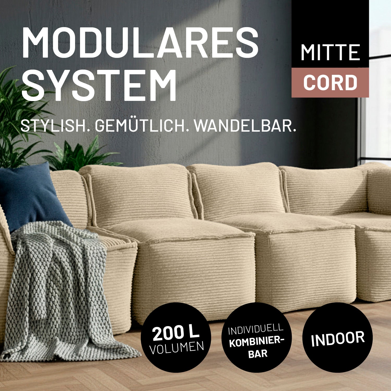Modulare Mitte aus der LUMALAND Cord-Reihe - 200 L - 81 x 54 x 70 cm - Beige Sitzsack aus Kuschelcord für drinnen