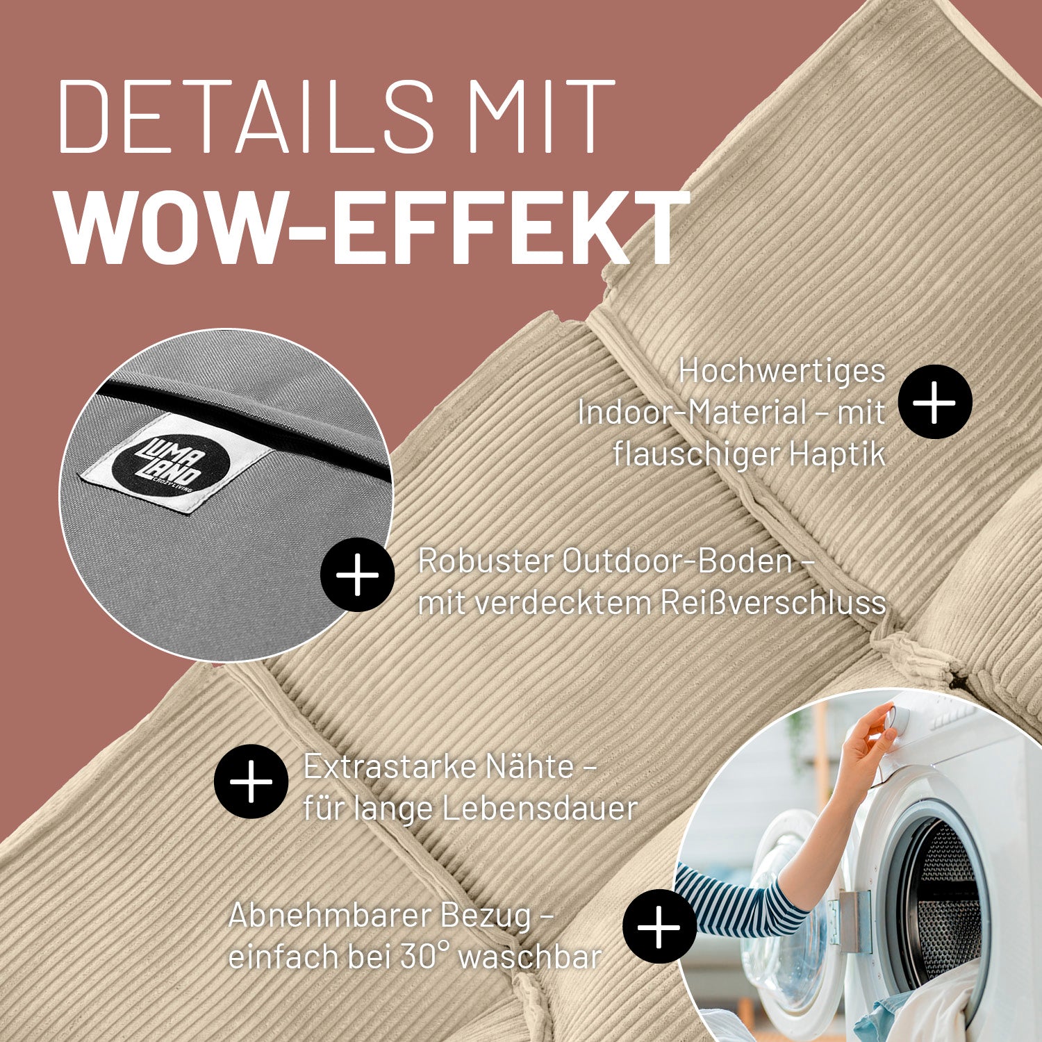Modulare Mitte aus der LUMALAND Cord-Reihe - 200 L - 81 x 54 x 70 cm - Beige mit robustem Boden und waschbarem Bezug aus kuscheligem Cordstoff.