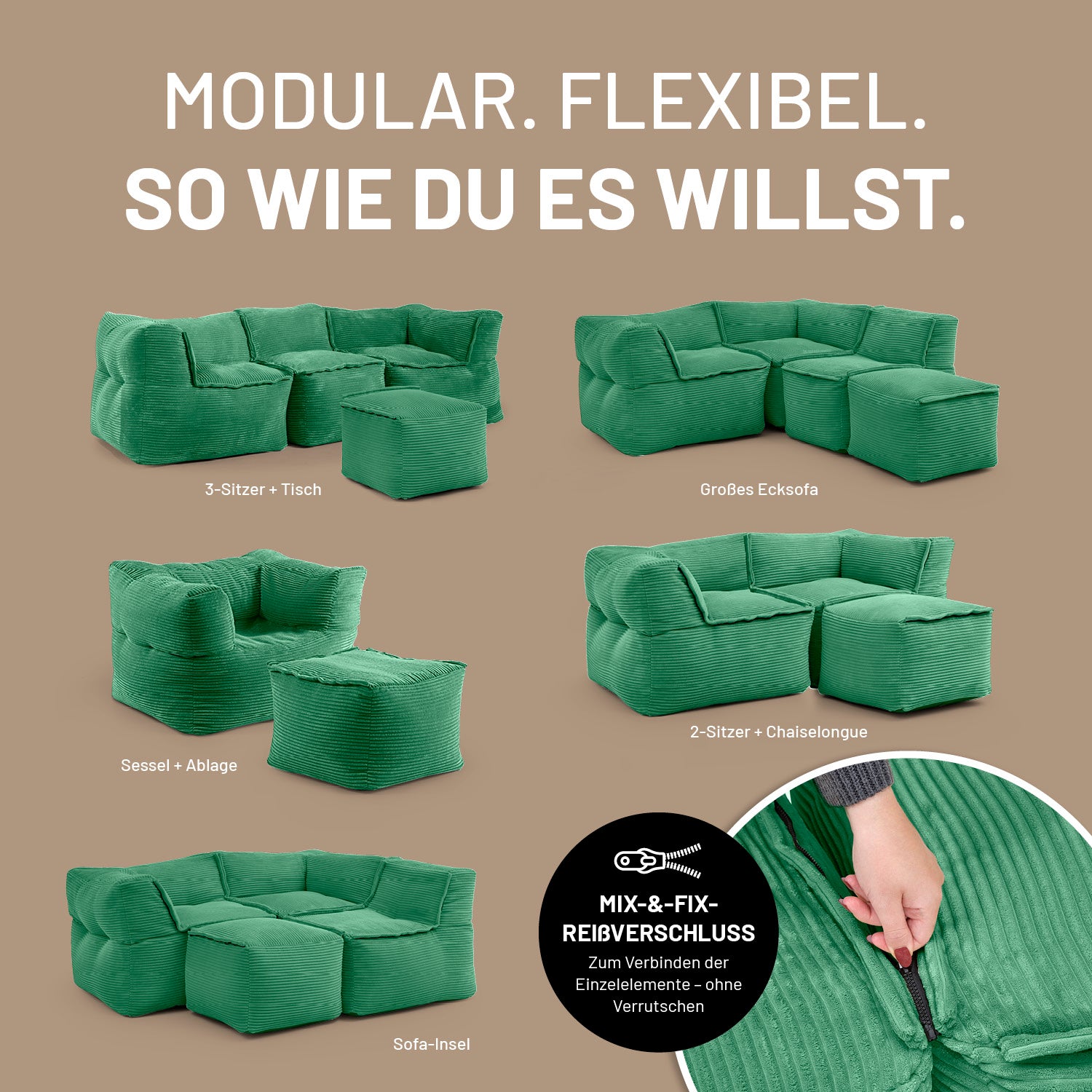 Modularer Hocker aus der LUMALAND Cord-Reihe - 140 L in Dunkelgrün zeigt flexible Sofakombinationen mit Reißverschluss-Verbindung.