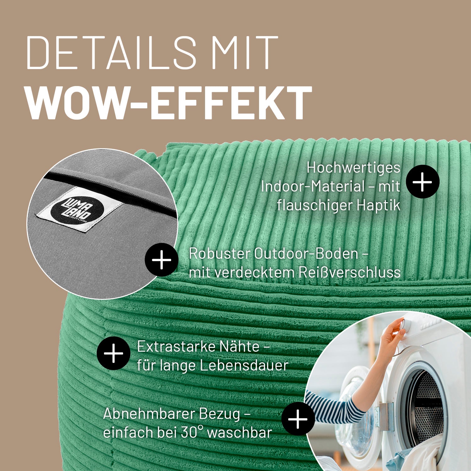 Modularer Hocker aus der LUMALAND Cord-Reihe - 140 L - 54 x 54 x 40 cm - Dunkelgrün mit hochwertigem Cordstoff und robustem Outdoor-Boden