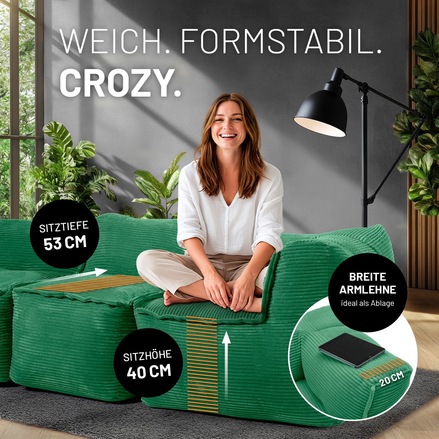 Modulares Basic-Set aus der LUMALAND Cord-Reihe - 5-tlg. - Dunkelgrün Sofa mit 40 cm Sitzhöhe und 53 cm Sitztiefe, breite Armlehne als Ablage