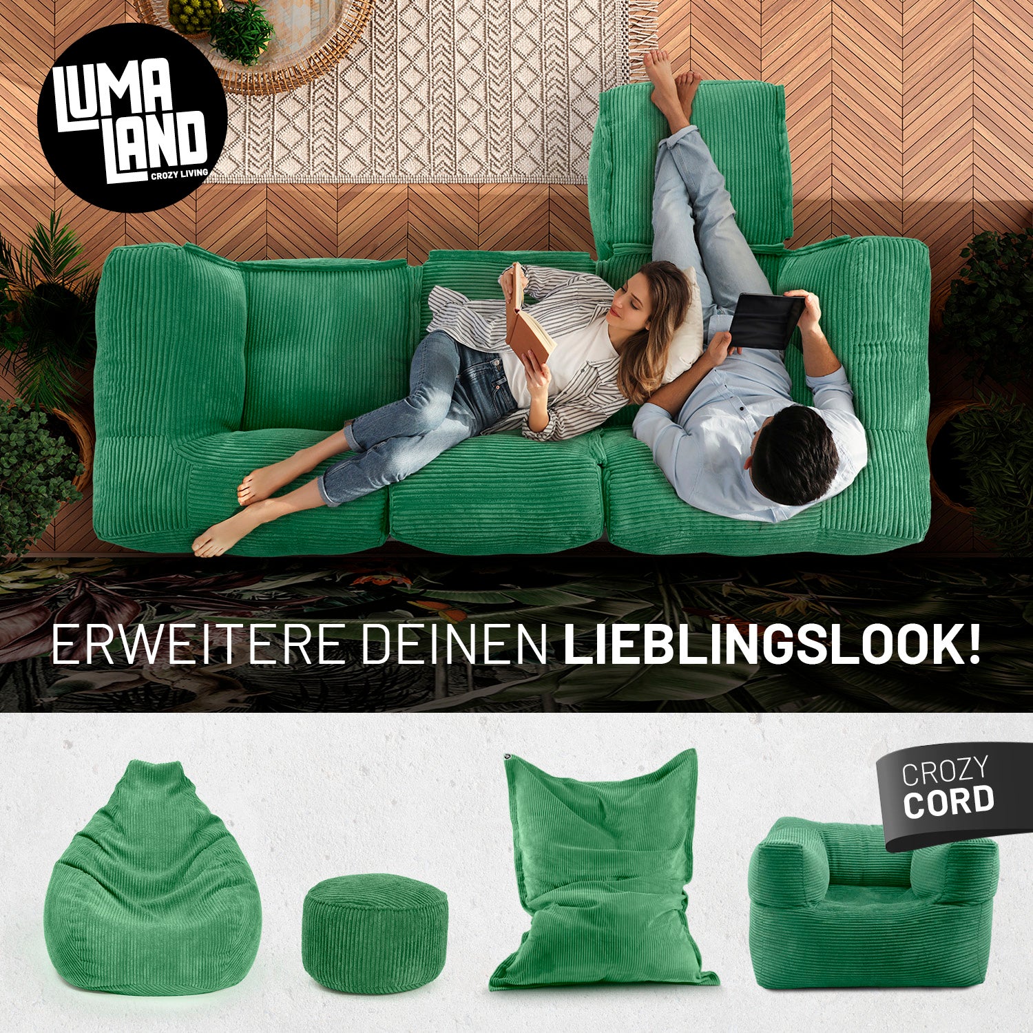 Modulares Basic-Set aus der LUMALAND Cord-Reihe - 5-tlg. - Dunkelgrün mit flexiblem, kuscheligem Cord-Sitzmöbel für Indoorbereiche.