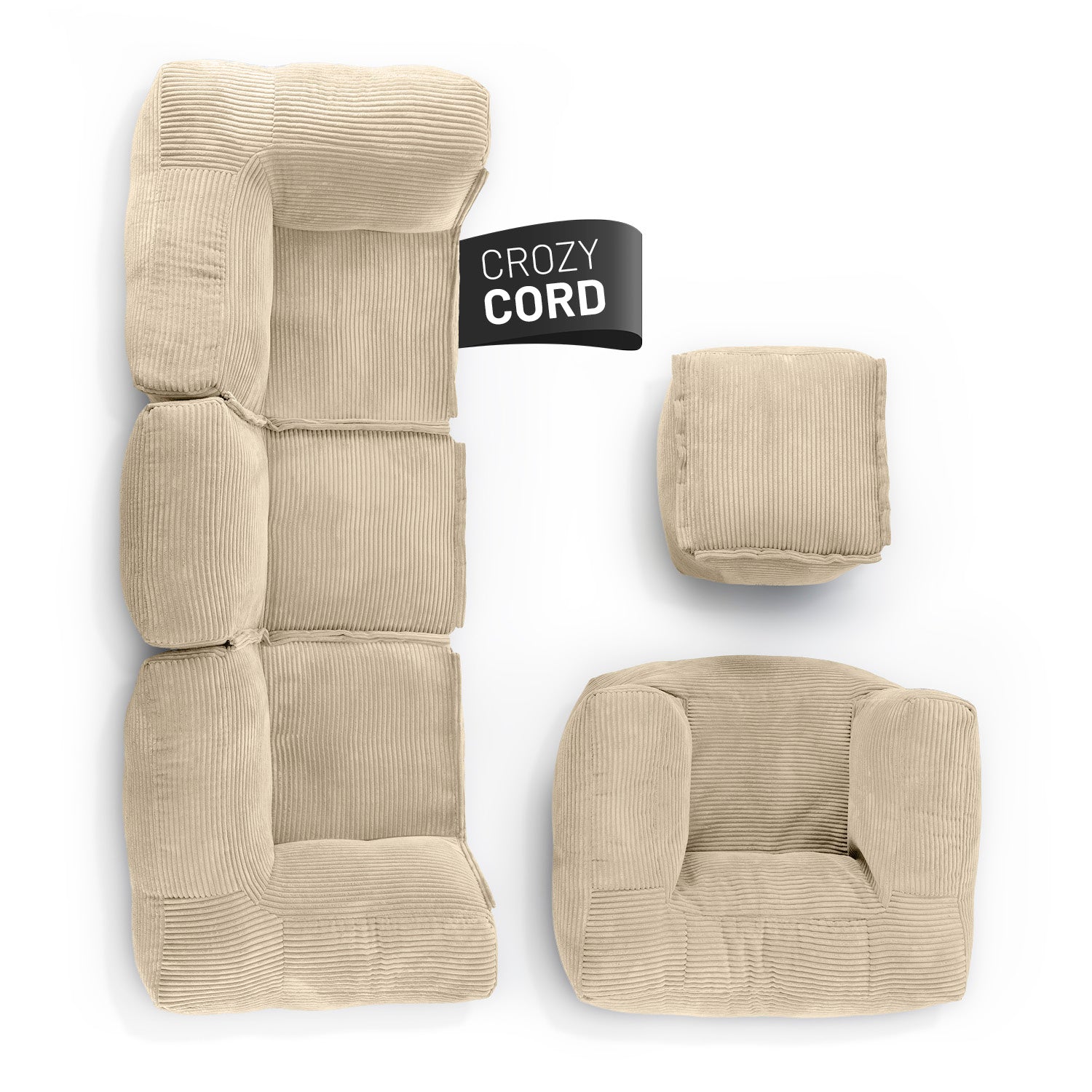 Modulares Basic-Set aus der LUMALAND Cord-Reihe - 5-tlg. - Beige, bestehend aus Sofa, Sessel und Hocker aus Cordstoff
