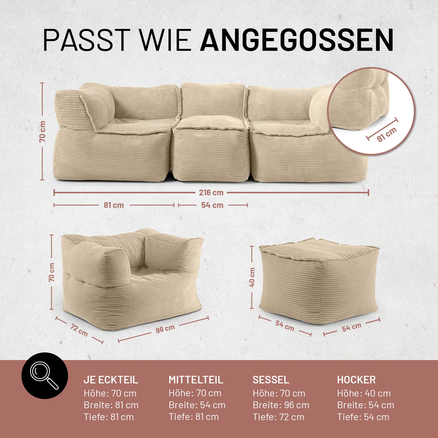 Modulares Basic-Set aus der LUMALAND Cord-Reihe - 5-tlg. - Beige mit Maßen für Sofa, Sessel und Hocker in Cord-Stoff.