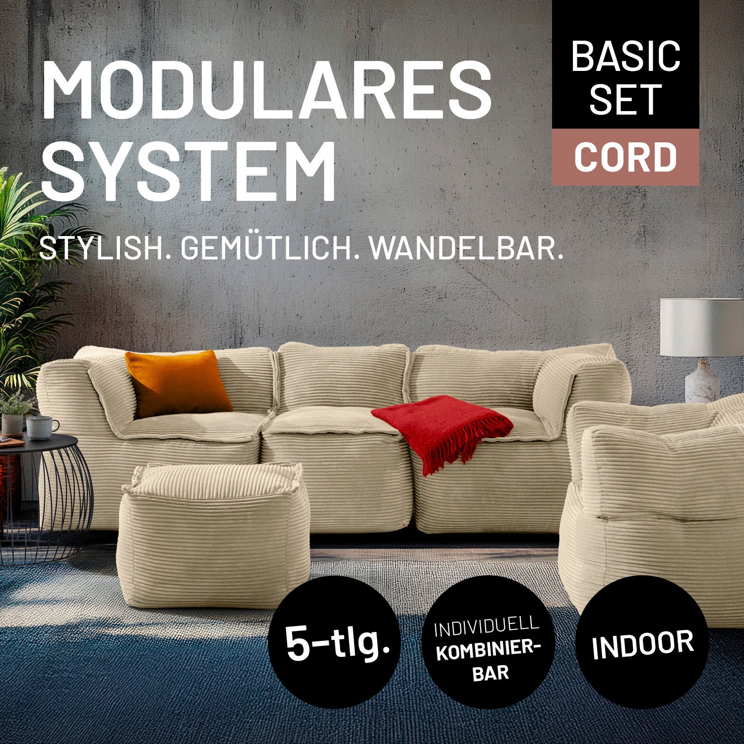 Modulares Basic-Set aus der LUMALAND Cord-Reihe - 5-tlg. - Beige mit flexiblem Sofa und Sessel aus kuscheligem Cordstoff