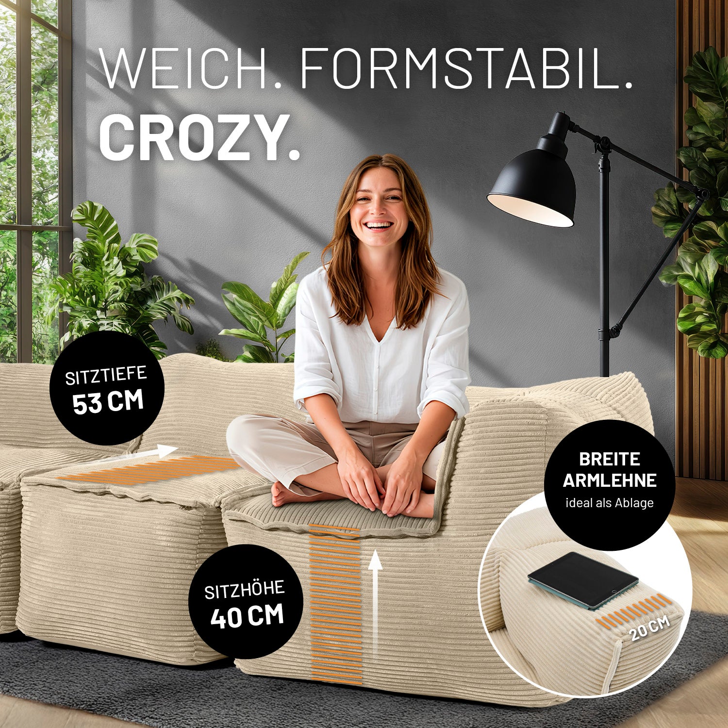 Modulares Basic-Set aus der LUMALAND Cord-Reihe - 5-tlg. - Beige Sitzhöhe 40 cm, Sitztiefe 53 cm, breite Armlehne als Ablage