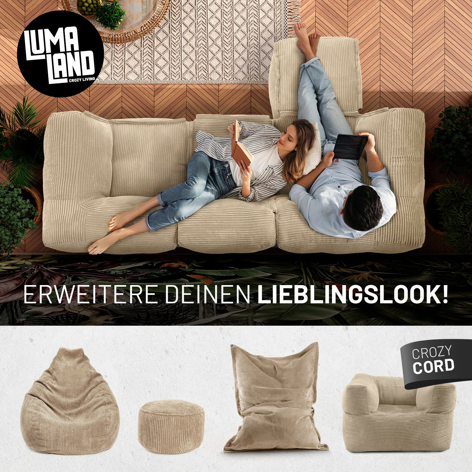Modulares Basic-Set aus der LUMALAND Cord-Reihe - 5-tlg. - Beige mit Sofa, Sessel und Hocker in kuscheligem Cordstoff