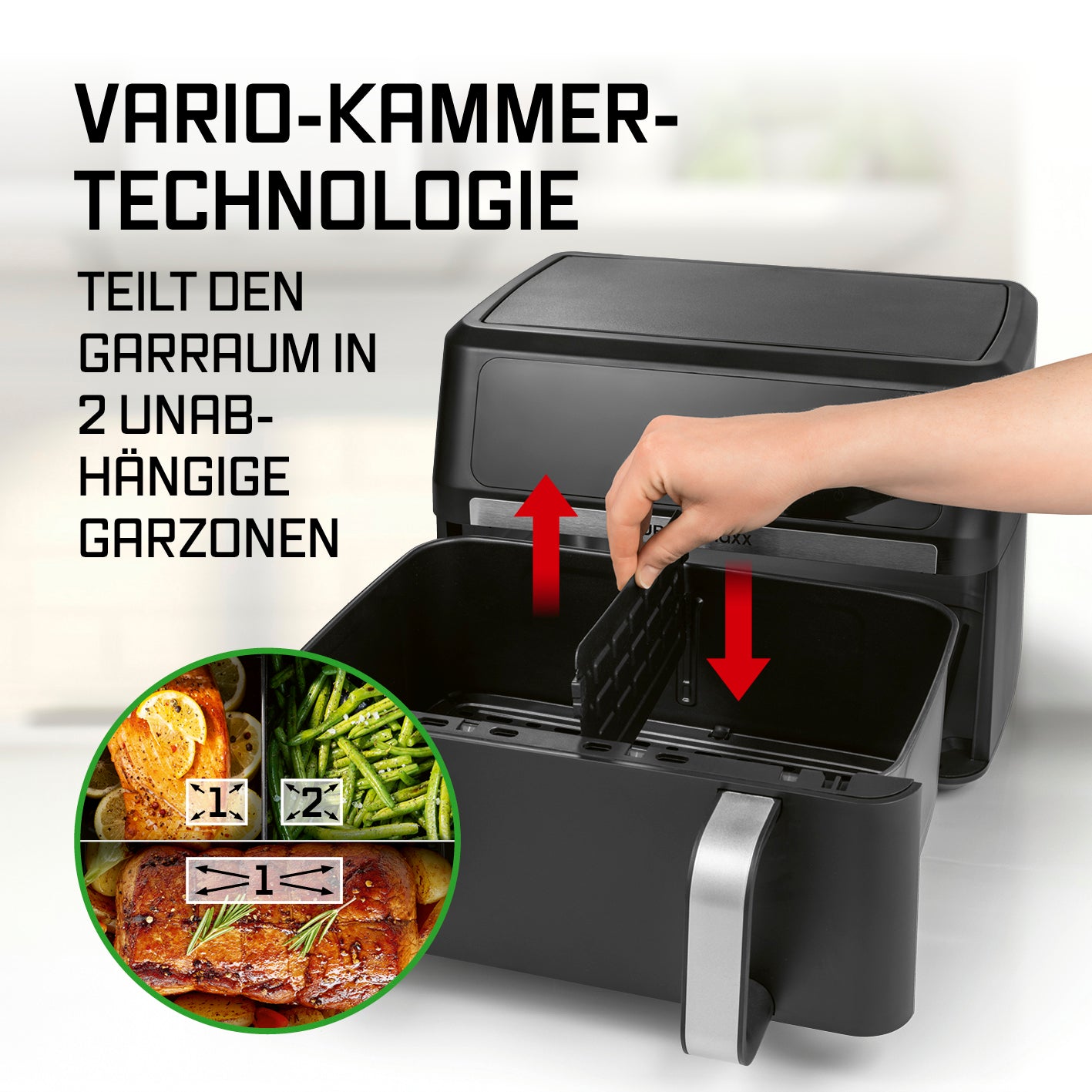 AirGenius Vario-Kammer-Heißluftfritteuse - 10 Liter (2 x 5 Liter) mit geteilter Kammer für zwei separate Garzonen