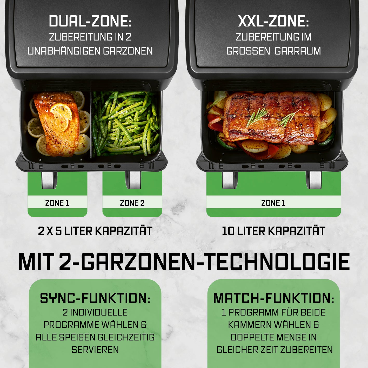 AirGenius Vario-Kammer-Heißluftfritteuse - 10 Liter (2 x 5 Liter) mit 2 unabhängigen Garzonen für vielseitige Zubereitung.