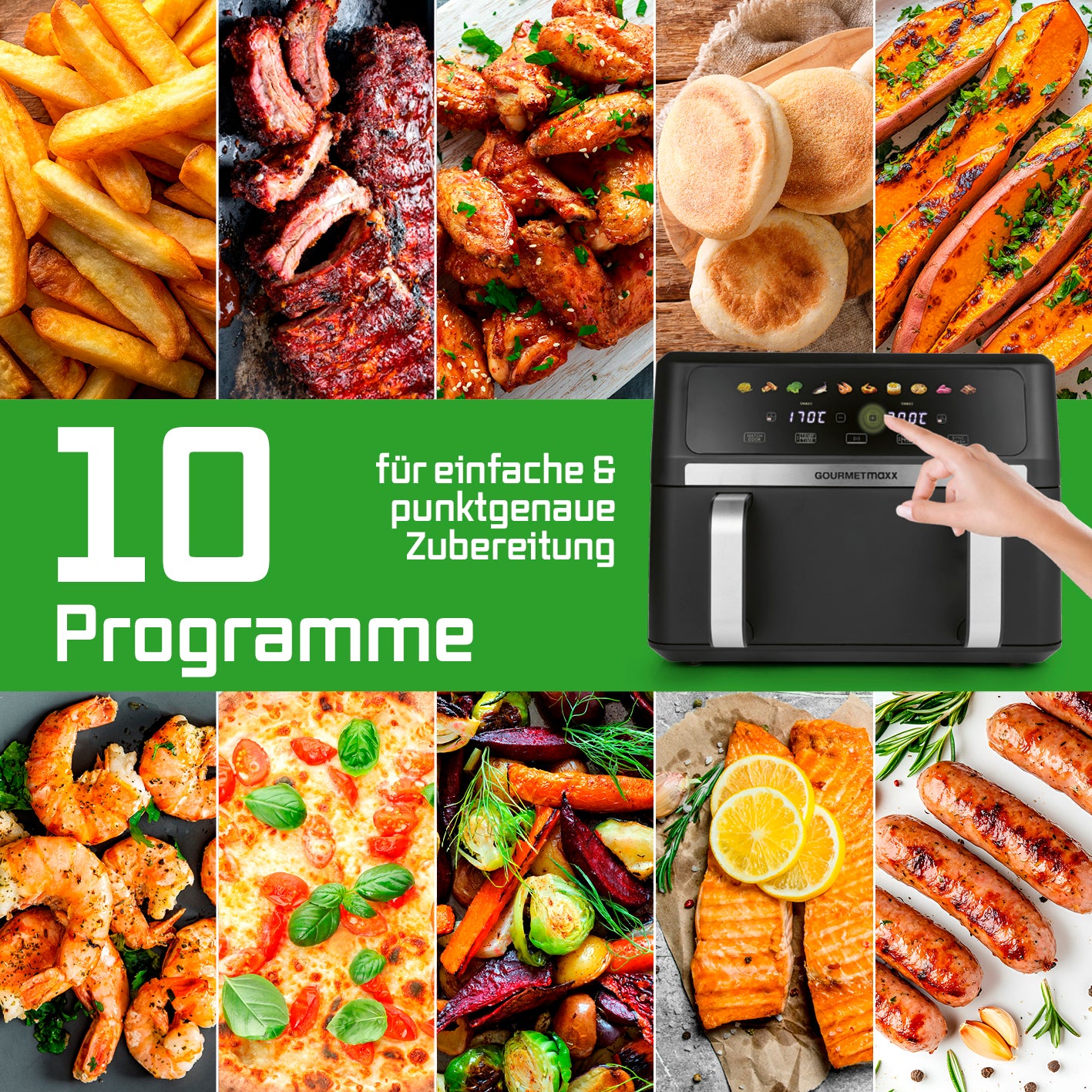 AirGenius Vario-Kammer-Heißluftfritteuse - 10 Liter (2 x 5 Liter) mit 10 Programmen und farbigem LED-Touchscreen zur einfachen Bedienung