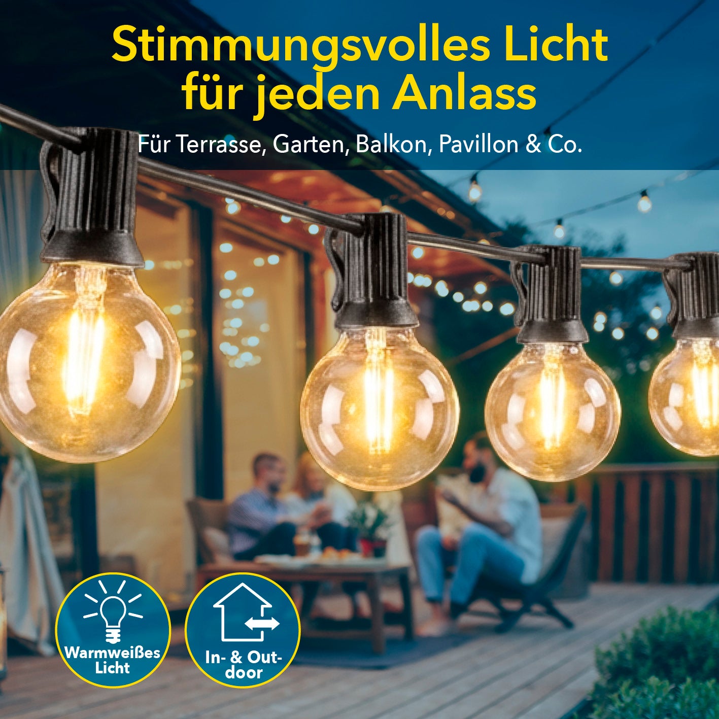 Outdoor-LED-Lichterkette - 15 m mit warmweißen LED-Glühlampen in quadratischem Bild, Galerieposition 2, 1417x1417 Pixel.
