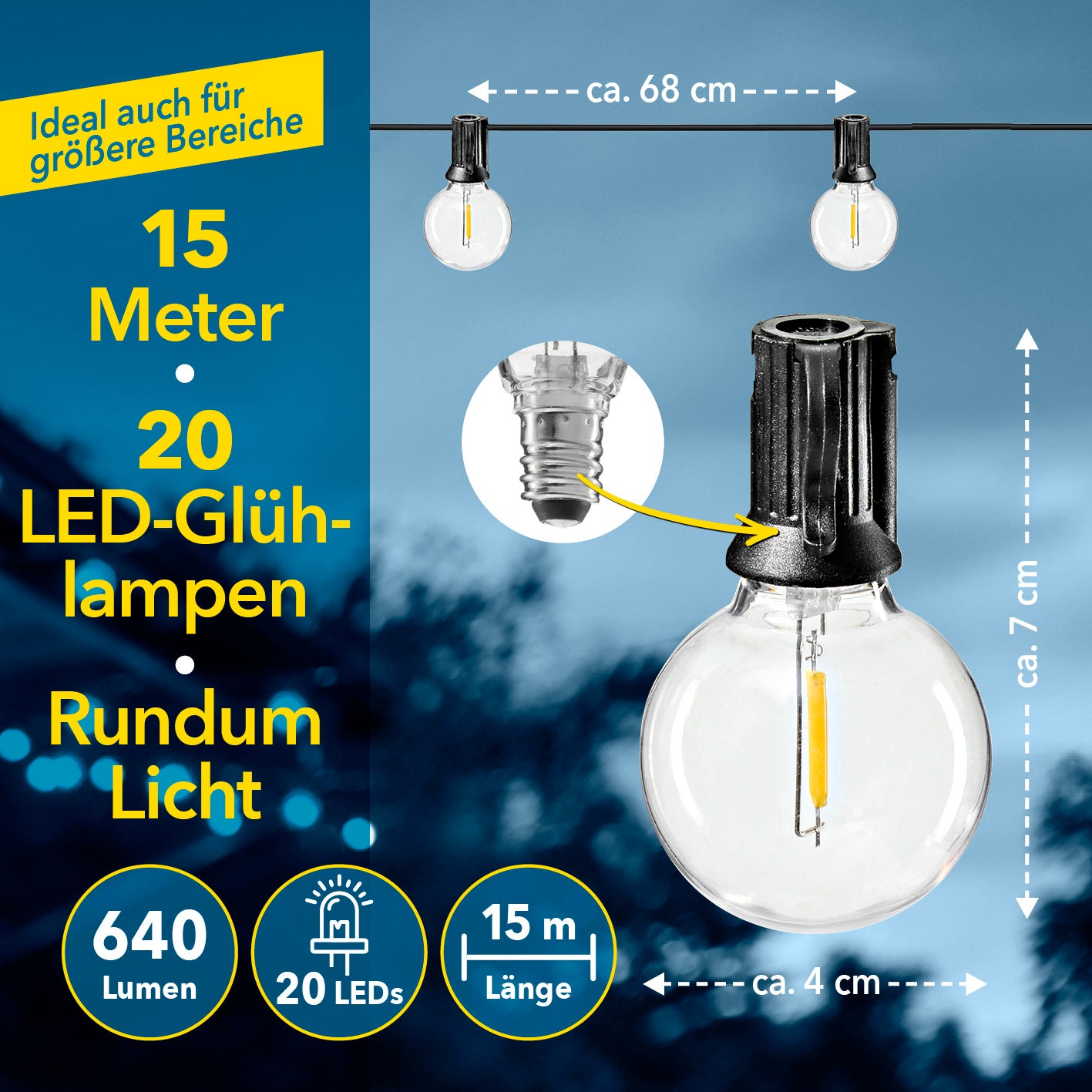 Outdoor-LED-Lichterkette - 15 m im quadratischen Bild mit Detailansicht der großen LED-Glühlampe und Abmessungen