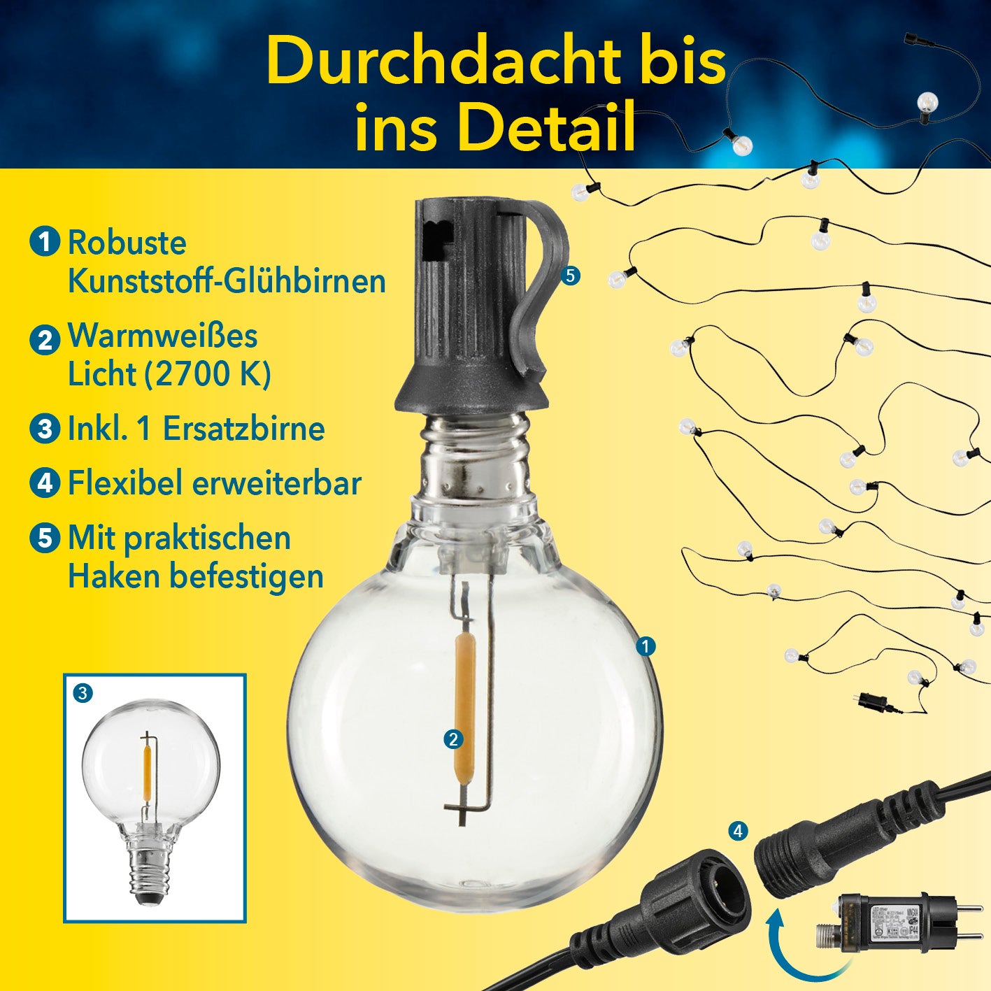 Outdoor-LED-Lichterkette - 15 m mit robusten Kunststoff-Glühbirnen, warmweißem Licht und praktischem Haken, Bild 7 quadratisch 1417x1417px